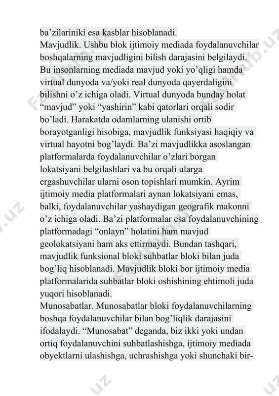 ulashish, mavjudlik, munosabatlar, obro’ hamda guruhlar ijtimoiy mediaga xos bo’lgan belgilar hisoblanadi. ularning barchasi bitta platformada jamlanishi shart emas, balki, ba’zilarining mavjud bo’lishi kifoya. ammo, ijtimoiy media deganda, asosan, mana shu attributlar mavjud platformalar tushuniladi. media va axborot savodxonligi nima va uni maktabda qanday o‘rgatish kerak? media va axborot savodxonligi — bu ijodiy faoliyatda barcha zarur vositalardan foydalangan holda axborot va media mahsulotlarini samarali olish, tahlil qilish, tanqidiy baholash, talqin qilish, foydalanish, yaratish va tarqatish imkonini beradigan bilim, ko‘nikma, munosabat, malaka va amaliyotlar majmuidir. bugungi kunda dunyo ommaviq axborot vositalarida axborotni tanlash va to‘g‘ri baholash qobiliyati dolzarb bo‘lib qolmoqda. media savodxonligi, media ta’limi, media madaniyat, soxta va tashviqot axborotlariga qarshilik ko‘rsatish — bu kalit so‘zlarning barchasi ikki kunlik seminar trening mohiyatini aks e ttirdi. “o‘zbekiston ta’lim tizimiga media savodxonlikni jori y e tish” loyihasi doirasida “media savodxonlik nim a va uni maktabda qanday o‘qitish kerak?” mavzusidagi ushbu seminar-trening o‘zbekiston zamonaviy …