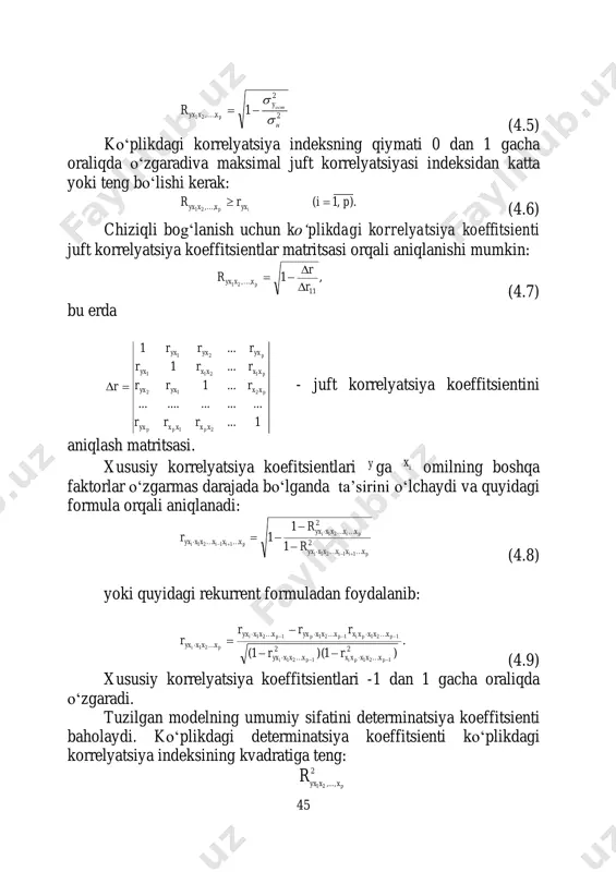 o‘rganilayotgan hodisani yoki ko‘rsatkichlarni prognoz qilish uchun adekvat regression modelidan foydalanish mumkin. regression tahlil mavjud kuzatuvlar majmui uchun muvofiq approksimatsiya funksiyani tanlashdan iborat. approksimatsiya (lotin tilidan approximo –yaqinlashib) –bu empirik ma’lumotlarni funksiya ko‘rinishidagi taxminiy ifodasidir. olingan funktsional bog‘lanish regressiya tenglamasi yoki regressiya deb ataladi. ehtimollar nazariyasi va matematik statistikada odatda regressiya deb )(y ko‘rsatkichning o‘rtacha qiymati boshqa bir miqdorga yoki bir necha miqdorlar )( ix larga bog‘liqligi ataladi. juft regressiya- bu y o‘zgaruvchining o‘rtacha qiymatibir erkli o‘zgaruvchi x ga bog‘liqligini ifodalaydigan model )(xfy  (4.10) bu yerda y - bog‘liq o‘zgaruvchi (natijaviy ko‘rsatkich); x –bog‘liq bo‘lmagan o‘zgaruvchi (belgi–omili). 47 juft regressiya o‘zgaradi, agar dominant omil bo‘lsa o‘zgaruvchining katta qismini keltirib chiqaradigan, bu regressiya qo‘llaniladi. ko‘p omilli regressiya –bu bog‘liq o‘zgaruvchi y ning o‘rtacha qiymatining bir necha erkli ,,..., 21 pxxx o‘zgaruvchilarga bog‘liqligini ifoda etgan modeldir. ),...,( 21 pxxxfy  (4.11) ko‘p omilli regressiya natijaviy omilga ta’sir etuvchi omillardan bitta dominant …