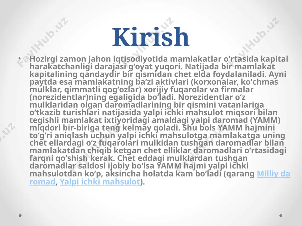 zimi asosida yaim uch xil usul bilan hisoblanishi mumkin: birinchi usul - bu yaimni hisoblashga qo’shilgan qiymatlar bo’yicha yondashuv ikkinchi usul - bu yaimni hisoblashga sarf-xarajatlar bo’yicha yondashuv uchinchi usul - bu yaimni hisoblashga daromadlar bo’yicha yondashuv. birinchi yondashuv birinchi usul - bu yaimni hisoblashga qo’shilgan qiymatlar bo’yicha yondashuv bunda milliy iqtisodiyotning barcha tarmoqlari bo’yicha yaratilgan qo’shilgan qiymatlar qo’shib chiqiladi (yaim tarmoq va ishlab chiqarishlar bo’yicha). bu usul bilan hisoblangan yaim alohida tarmoqlarning shu mahsulotini yaratishdagi o’rnini va hissasini aniqlash imkonini beradi. ikkinchi yondashuv ikkinchi usul - bu yaimni hisoblashga sarf-xarajatlar bo’yicha yondashuv bunda mazkur yilda ishlab chiqarilgan barcha mahsulot (xizmat)lar hajmini sotib olishga qilingan butun sarflar qo’shib chiqiladi. milliy iqtisodiyotda ishlab chiqarilgan pirovard mahsulotlarni mamlakat ichida xo’jalikning uchta sub’ekti - uy xo’jaliklari, davlat, tadbirkorlar, hamda tashqaridan chet ellik iste’molchilar sotib olishi mumkin. uchinchi yondashuv uchinchi usul - bu yaimni hisoblashga daromadlar bo’yicha yondashuv. mazkur yilda ishlab chiqarilgan pirovard mahsulot …