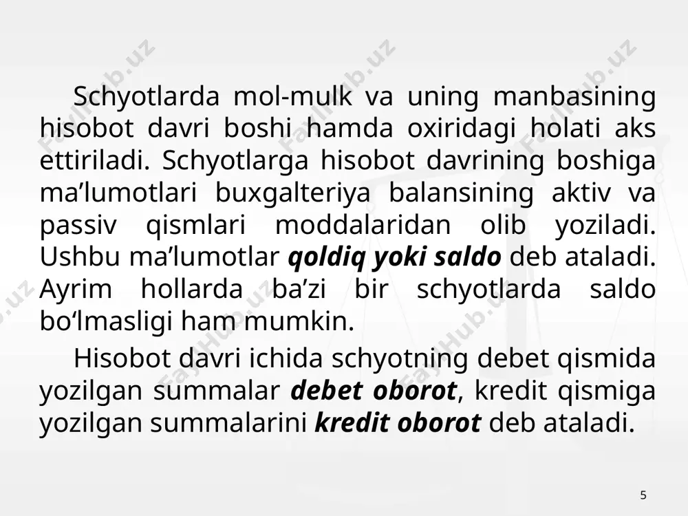 6 7 aktiv 0100-5900 + + + =2+4-5 passiv 6000-8900 + + + =3+5-4 ka 0200.0500. 2980. 4910 + + + =3+5-4 kp 8610. 8620 + + + =2+4-5 t 9000-9900 + + schyotlar bo‘yicha aylanma qaydnoma проводка (o’tkazmalar, transactions) ikkiyoqlama yozuv = проводка; bir vaqting o’zida bir schyotning debitida, ayni vaqtda ikkinchi schyotning kreditida ifodalanishiga ikki yoqlama yozuv deyiladi. topshiriq: 01.06.2020 holatiga ko’ra kassada 100,000 sum pul bor edi. 02.06.2020 da kassadan 20,000 sum konselariya mollari olib kelish uchun ishlatildi. 10.06.2020 da 500,000 sum bankdan kassaga naqd pul olib kelindi. kassaning qoldig’ini toping? 21 schyotlar rejasi - buxgalteriya hisobi tizimidagi axborotning umumiy tuzilishini, uning xo‘jalik mexanizmiga muvofiq holda iqtisodiy tavsifini aniqlab beradi. o‘zbekiston respublikasi buxgalteriya hisobining milliy standarti 21-bhms «xo‘jalik yurituvchi sub’ektlarning moliyaviy - xo‘jalik faoliyati buxgalteriya hisobi schyotlar rejasi va uni qo‘llash bo‘yicha yo‘riqnoma» o‘zbekiston respublikasi adliya vazirligi tomonidan 2002 yil 23 oktyabrda 1181-son bilan qayd qilindi. ushbu …