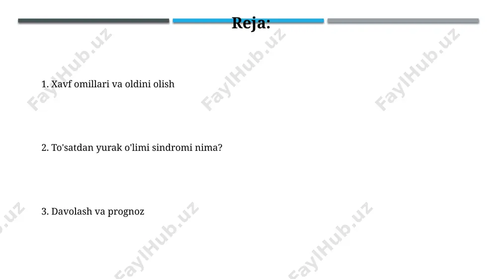 lar va hayot tarzini o'zgartirish orqali 80% gacha to'satdan yurak o'limi xavfini kamaytirishi mumkin. xavf omillari diabetik bemorlarda kyos xavfi sog'lom odamlarga nisbatan 2-4 baravar yuqori bo'lib, bu glyukozaning yurak mushaklari hujayralariga salbiy ta'sir ko'rsatishi bilan bog'liq. chekish, semirish va jismoniy faoliyatsizlik kyos xavfini sezilarli darajada oshiradi, bu omillar yurak-qon tomir kasalliklari rivojlanish ehtimolini 2-3 baravar oshiradi. yangi tadqiqotlar va istiqbollar yangi dori vositalarini ishlab chiqish, jumladan, ion kanallari blokerlari va antiaritmik dorilar, yurak to'xtashining oldini olish va davolashda muhim rol o'ynaydi, o'lim holatlarini 20% ga kamaytirish potentsialiga ega. yangi tadqiqotlar yurak to'xtashining genetik asoslarini aniqlashga qaratilgan bo'lib, 50 dan ortiq genning rolini aniqladi va individual xavfni aniqlash uchun biomarkyorlarni ishlab chiqishga umid bag'ishlaydi. to'satdan yurak o'limi sindromi nima? tyosga moyil bo'lganlar orasida genetik omillar, yurak kasalliklari tarixi va turli xil yurak nuqsonlari, masalan, gipertrofik kardiomiopatiya kabi omillar mavjud bo'lib, ularning taxminan 10% ini tashkil qiladi. tyosning asosiy sabablaridan biri …