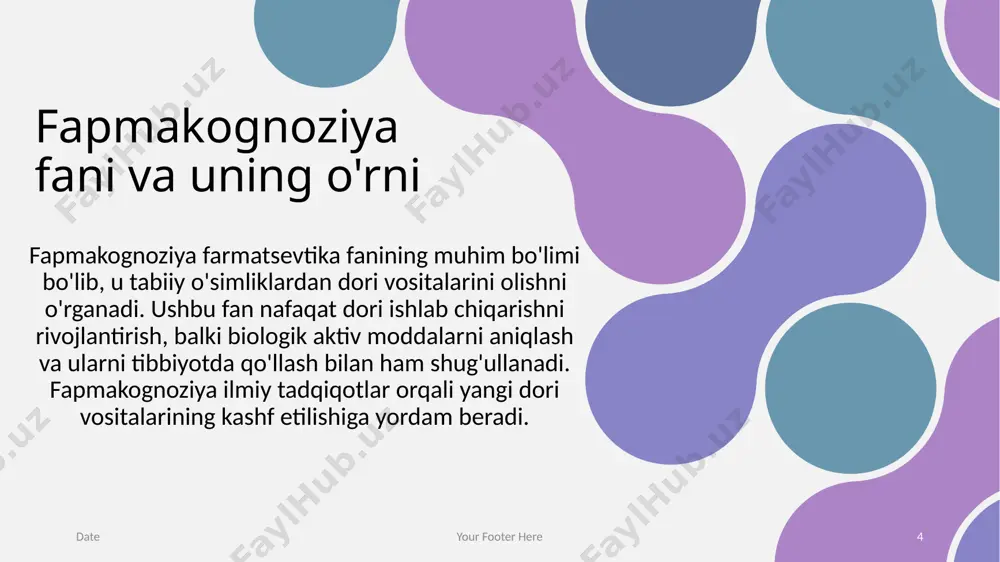 olingan yangi dori vositalari, odamlar salomatligini yaxshilashda muhim rol o'ynaydi. bu sohaning istiqbollari ilmiy tadqiqotlar va innovatsiyalar bilan kengayib boradi. date your footer here 15 © presentationgo.com by: .com xulosa fapmakognoziya sohasining ahamiyati kundan-kunga ortib bormoqda. bu fan o'simliklardan dori moddalarini ishlab chiqishda, yangi va samarali davolash usullarini yaratishda asosiy o'rin tutadi. fapmakognoziya va xalq tabobati o'rtasidagi aloqalar, ilm-fan rivojlanishi bilan yanada mustahkamlanadi. kelajakda, bu soha tabiiy dori vositalarini yaratish va ularning tibbiy ahamiyatini oshirishda katta ahamiyat kasb etadi. date your footer here 16 © presentationgo.com by: .com e’tiboringiz uchun raxmat ! tayorladi: o’rinova m © presentationgo.com by: .com image2.jpeg image3.jpeg image4.jpeg image5.jpeg image6.jpeg image7.jpeg image8.jpeg image9.jpeg image10.jpeg image11.jpeg image1.png /docprops/thumbnail.jpeg