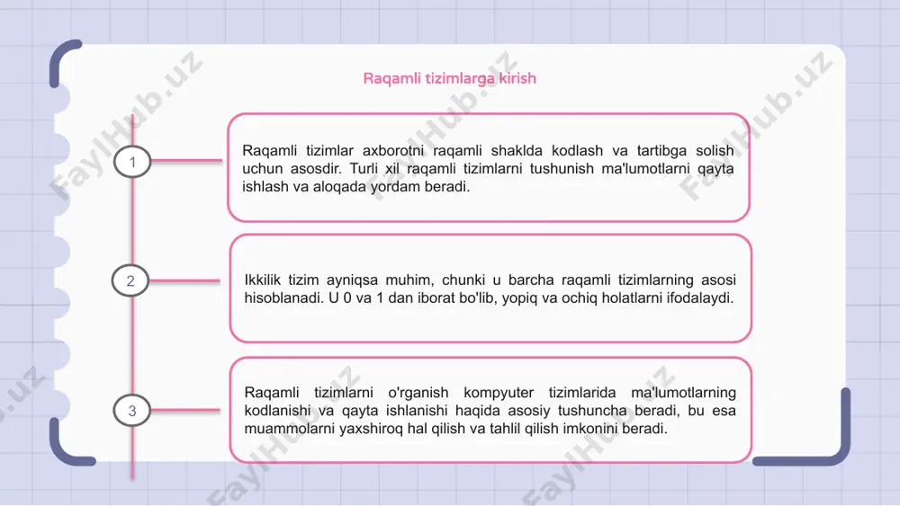 lumotlar yaxlitligini ta'minlashga yordam beradi. reed-solomon kodlari va hamming kodlari kabi xatolarni tuzatish usullari ma'lumotlarni uzatishdagi xatolarni aniqlashi va tuzatishi mumkin. axborot kodlashning kelajakdagi tendentsiyalari raqamli dunyoda raqamli tizimlar va ma'lumotlarni kodlash muhim ahamiyatga ega. axborot kodlashning kelajakdagi tendentsiyalari ma'lumotlarni qayta ishlash va almashish usullarini inqilob qilishga tayyor. texnologiyaning rivojlanishi ma'lumotlarni kodlash va dekodlashning yangi usullariga olib keladi, aloqani tezroq va samaraliroq qiladi. raqamli tizimlardan foydalanish murakkab ma'lumotlarni aniq uzatish imkonini beradi. raqamli landshaft rivojlanib borar ekan, raqamli tizimlar va axborot kodlashni tushunishning ahamiyati oshadi. axborot texnologiyalaridagi ushbu kelajak tendentsiyalarini qabul qilib, egri chiziqdan oldinda turing. e'tiboringiz uchun rahmat