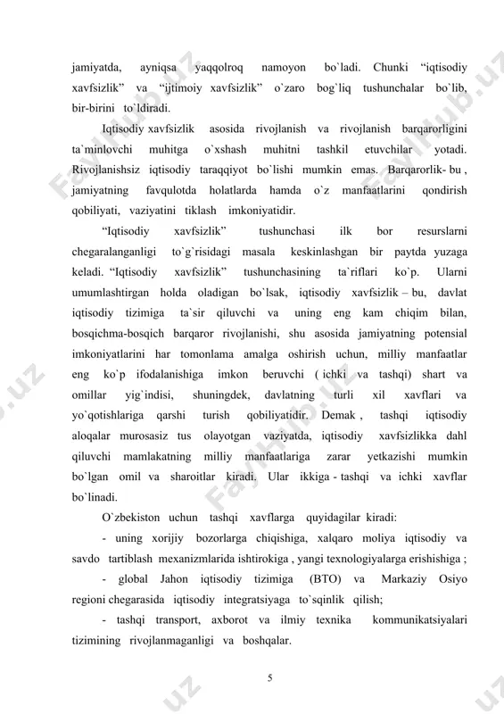 o`lmagan mahsulot chiqarishga olib keladigan past texnik darajasi; - iqtisodiyot sohasida yangi huquqiy asos shakllanishi va uni amalga oshirish mexanizmlarini yaratish ishlariga oxiriga yetkazilmaganligi; - boshqaruvga yondashishning ma`muriy boshqaruv tizimiga xos bo`lgan usullari va iqtisodiy jihatdan eskicha fikr yuritish retsidivlarining saqlanib qolishi, ba`zi boshqaruv bo`g`inlarida xo`jalik faoliyatining bozor prinsipi va mexanizmlarini yetarli darajada tushunmaslik; - iqtisodiyotning turli sektorlari va sohalarida bozor o`zgarishlari darajasi va dinamikasi, shuningdek, shahar va qishloq orasidagi tafovutlar; - bozor infratuzilmasining rivojlanmaganligi ; - moliya, bank-kerdit va valyuta tizimlarida pul aylanishining beqarorlashish xavfi; iqtisodiy sohada jinoyatning tarqalishi , xo`jalik subyektlari huquqiy himoya mehanizmining mukammal emasligi va boshqalar. iqtisodiy xavfsizlikning tekshirish predmeti davlatning tashkil etilgan va muvofiqlashgan iqtisodiy munosabatlaryig`indisi sifatidagi iqtisodiy tizimidir. davlat faoliyatining iqtisodiy xavfsizlik sohasidagi vazifalari quyidagilar: - kelgusida ijtimoiy –iqtisodiy tizim va davlatni beqarorlashtiruvchi qisqa va uzoq muddatli omillar monitoringi va tavsifi; - bu omillarning zararli ta`sirini yo`qotadigan yoki yumshatadigan iqtisodiy siyosat va institutsional o`zgarishlarni …