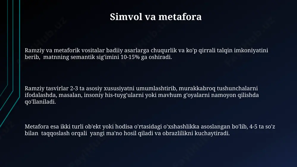 ksik vositalar mavjud bo‘lib, ularning har biri 7 dan ziyod uslubiy elementlarni o‘z ichiga oladi. she’riyatda ritm va ohang kabi vositalar 4 ta o‘lchovli panjarada ifodalanadi va ularning kombinatsiyasi 10 dan ortiq turdagi badiiy ta’sirni yaratishi mumkin. badiiy ifoda vositalarining 3 turi – obrazlilik, metafora va allegoriya – adabiyotda asarning mazmunini boyitishda muhim rol o‘ynaydi, ularning har biri 5 dan ortiq turga ega bo‘lishi mumkin. rang va yorug'lik yorug'likning intensivligi va yo'nalishi rasmlarda chuqurlik illyuziyasini yaratishda muhim rol o'ynaydi, chiaroscuro texnikasi yordamida 5 ta asosiy yorug'lik darajasini – yorqin, yarim yorug', o'rtacha, yarim soyalar va soyalarni farqlash mumkin. suratning umumiy ohangini aniqlashda 7 ta asosiy sovuq va issiq ranglarning o'zaro ta'siri muhim ahamiyat kasb etadi, bu esa asarning hissiy ta'sirini kuchaytiradi. "rang va yorug'lik" asari 3 ta asosiy rang – qizil, sariq va ko'kdan tashkil topgan ranglar doirasi printsipiga asoslanadi, bu esa 12 ta murakkab rang hosil qilish imkonini beradi. …