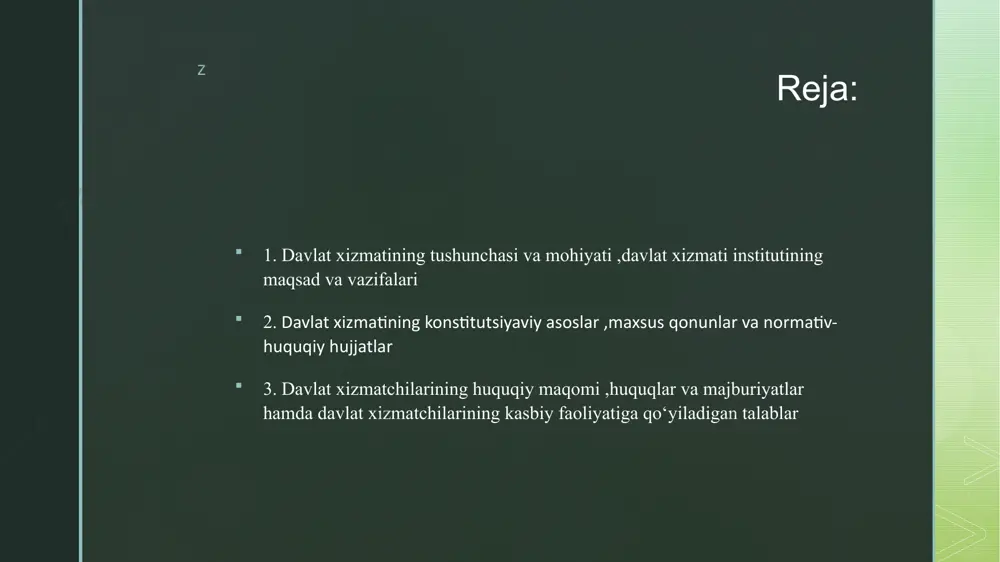 jjatlarning hayotga tatbiq etilishi uchun javobgardirlar. ular davlat hokimiyati va boshqaruvining barcha darajalarida qonun ustuvorligini ta'minlaydi. z davlat xizmatining konstitutsiyaviy asoslar ,maxsus qonunlar va normativ-huquqiy hujjatlar davlat xizmatining huquqiy asoslari uning barqaror faoliyatini ta’minlaydigan muhim tarkibiy qism hisoblanadi. ushbu asoslar davlat xizmatining samaradorligini oshirish, qonuniylikni ta'minlash, shuningdek, davlat xizmatchilarining huquqlari va majburiyatlarini tartibga solishga qaratilgan. huquqiy asoslar uchta asosiy manba – konstitutsiyaviy tamoyillar, maxsus qonunlar va normativ-huquqiy hujjatlar orqali tashkil etiladi. ushbu manbalar davlat xizmatining barcha sohalarini tartibga soladi va uning huquqiy poydevorini shakllantiradi. z davlat xizmatining konstitutsiyaviy asoslari z qonun ustuvorligi: konstitutsiyaning 15-moddasida davlat organlari va ularning mansabdor shaxslari faoliyati qonunchilikka mos bo‘lishi kerakligi ko‘rsatilgan. bu tamoyil davlat xizmatchilarining faoliyatida qonuniylikni ta’minlaydi. fuqarolarning teng huquqligi: konstitutsiyaning 18-moddasiga binoan, barcha fuqarolar teng huquqlarga ega va ularni qonun oldida teng darajada himoya qilish kafolatlanadi. bu tamoyil davlat xizmatiga qabul qilishda adolat va xolislikni ta’minlaydi. o‘zbekistonda davlat xizmatini tartibga soluvchi bir nechta …
