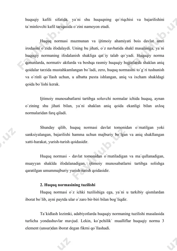 o`lib, unda dispozitsiyada ko`rsatilgan qoidaning kuchga kirishi uchun zarur bo`lgan konkret aniq hayotiy holatlar (voqea, harakat, holatlar) o`zining ifodasini topadi. masalan, fuqarolik huquqi normasi fuqarolarning muomala layoqati qaysi holda to`la vujudga kelishini ko`rsatadi (qarang: o`zbe-kiston respublikasi fuqarolik kodeksining 22-moddasi: «fuqaroning to`liq muomala layoqati u voyaga yetgach, ya`ni 18 yoshga yetgach to`la hajmda vujudga keladi»). yoki o`zbekiston respublikasi ma`muriy javobgarlik to`g`risidagi kodeksining 13-moddasi fuqaroning ma`muriy javobgarlikka tortilishi qaysi vaqtdan boshlanishini, ya`ni fuqaro 16 yoshga to`lganidan keyin boshlanishini ko`rsatadi. dispozitsiya - huquq normasining tarkibiy unsuri bo`lib, unda huquq subyektlarining huquq va majburiyatlari belgi-lanadi va ularning bo`lishi mumkin bo`lgan xatti-harakat-lari variantlari aniqlanadi. dispozitsiya huquqiy normaning bir qismi bo`lib, unda gapotezada ko`rsatilgan holatlar mavjud bo`lganda huquq subyektlari rioya etishlari lozim bo`lgan xatti-harakat qoidasi ifodalangan bo`ladi. masalan, o`zbekiston respublikasi konstitutsiyasining 66-moddasiga muvofiq, voyaga yetgan, mehnatga layoqatli farzandlar o`z ota-onalari haqida g`amxo`rlik qilishga majburdirlar - bunda, demak gapotezada ko`rsatilgan holatlar, ya`ni farzandlarning voyaga yetishi va mehnatga …