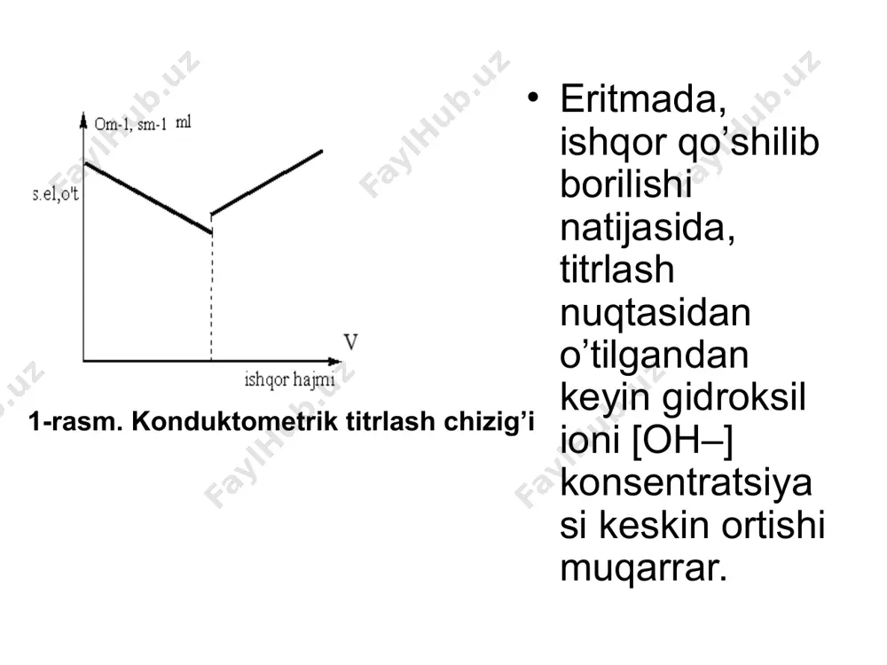 aksiyasiga uchraydi. natijada, suvning parchalanishi (elektroliz) va vodorod gazi ajralishi kuzatilmaydi, demak, reakstya (jarayon) ga ortiqcha elektr toki sarf ham bo’lmaydi. хulosa qilish mumkin: mazkur sharoitda kulonometrik analiz o’tkazilganda katodda fe3+ + e→ fe2+ bo’ladi. hosil bo’ladigan fe2+ ionlar esa, darhol sistema (eritma) dagi ce4+ ionlari bilan kimyoviy reaksiyaga kirishadi. fe3+ + ce4+ → fe3++ ce3+ demak, bir vaqtda oksidlanish-qaytarilish reaksiyasi amalga oshiriladi. bunda sarf bo’lgan tokning miqdori ce++ ionlarining qaytarilishiga doim mutanosib. fe3+ ionlari esa, mazkur sharoitda katoddagi elektronlarning se4+ ionlariga etkazilib berilishida vositachi vazifasini bajaradi. yuqorida bayon qilingan fikrlardan shu narsa ham, ma’lumki, bo’lyaptiki, eritmada mavjud bo’lgan fe+2 ionlari eritmaga maхsus qo’shilmagan. u kulonometrik analiz paytida amalga oshadigan elektrokimyoviy oksidlanish-qaytarilish jarayonlari natijasida sodir bo’ladi. shuning uchun ham bu usulni kulonometrik titrlash deb yuritiladi. amalda mazkur usuldan keng foydalaniladi. kulonometrik titrlashning odatdagi titrlash usulidan farqlanadigan ko’p tomonlari bor. jumladan, bu usul bilan analiz ishlari olib borilganda, oldindan ishchi eritma …