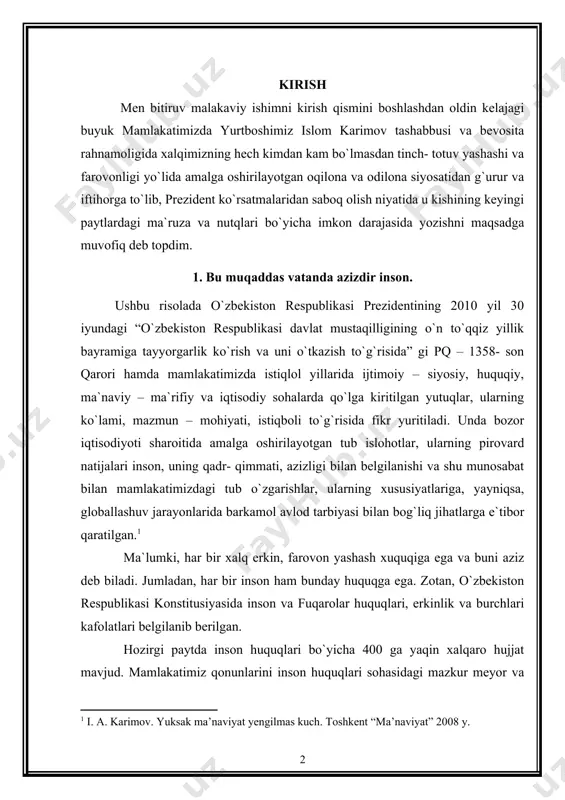 agi tub о`zgarishlar, ularning xususiyatlariga, yayniqsa, globallashuv jarayonlarida barkamol avlod tarbiyasi bilan bog`liq jihatlarga e`tibor qaratilgan. ma`lumki, har bir xalq erkin, farovon yashash xuquqiga ega va buni aziz deb biladi. jumladan, har bir inson ham bunday huquqga ega. zotan, о`zbekiston respublikasi konstitusiyasida inson va fuqarolar huquqlari, erkinlik va burchlari kafolatlari belgilanib berilgan. hozirgi paytda inson huquqlari bо`yicha 400 ga yaqin xalqaro hujjat mavjud. mamlakatimiz qonunlarini inson huquqlari sohasidagi mazkur meyor va andozalarga muvofiqlashtirish, bu sohada milliy harakat dasturini ishlab chiqish, inson huquqlarini himoya qiladigan muassasalarning yaxlit tizimini barpo etish inson huquqlariga oid xalqaro shartnomalar va hujjatlarga qо`shilishda davom etib, ular bо`yicha majburiyatlarni bajarishning mexanizmi yaratildi. umuman olganda, islohotlar markazida insonning oliy qadriyat sifatida baholanishi mamlakatimiz strategik vazifalariga hamohangdir. xususan, bu boradagi barcha о`zgarishlarni mazmun - mohiyati ham inson va uning qadr- qimmatini kо`tarish bilan bog`liq. vatan va inson manfaati - oliy maqsad. о`zbekiston respublikasi prezidenti islom karimov: “bugun biz tarixiy …