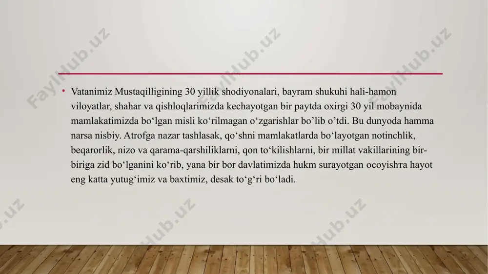 ga imkoniyat beradigan o‘z yo‘lini tanlab oldi. o‘zbekistonning bozor munosabatlariga o‘tish yo‘liga doir islom karimov tomonidan ishlab chiqilgan besh tamoyil: 1. iqtisodning siyosatdan ustunligi, uni mafkuradan holi etish. 2. davlat bosh islohotchi va iqtisodiy o‘zgarishlarning tashabbuskori. 3. qonun ustuvorligi, qonun oldida hammaning tengligi. 4. kuchli ijtimoiy siyosat yuritish, aholining muhtoj tabaqalarini ijtimoiy himoyalashning ustuvorligi. 5. bozor iqtisodiyotiga bosqichma-bosqich, izchil ravishda o‘tish kabilar asos qilib olindi. ushbu tamoyillar asosida o‘zbekistonning o‘ziga xos taraqqiyot yo‘li nazariy va amaliy jihatdan puxta belgilab olindi. bu barcha tamoyillar demokratik va iqtisodiy qayta o‘zgartishlar jarayonlarini muvaffaqiyatli amalga oshirish uchun hal qiluvchi ahamiyat kasb etib, hayot sinovidan o‘tdi. amaliy islohotlar jarayonida, xususan xxi asr arafasi va uning dastlabki yillarida mamlakatimizning rivojlanish strategiyasi, islohotlarni chuqurlashtirish va jamiyatni yangilash borasidagi faoliyatimizni jadallashtirish maqsadida bu tamoyillar oliy majlisning xiv sessiyasida (1999 yil 14 aprel) kuyidagi oltita ustuvor yo‘nalish bilan to‘ldirildi: mamlakat siyosiy, iqtisodiy hayotini, davlat va jamiyat qurilishini yanada erkinlashtirish. …