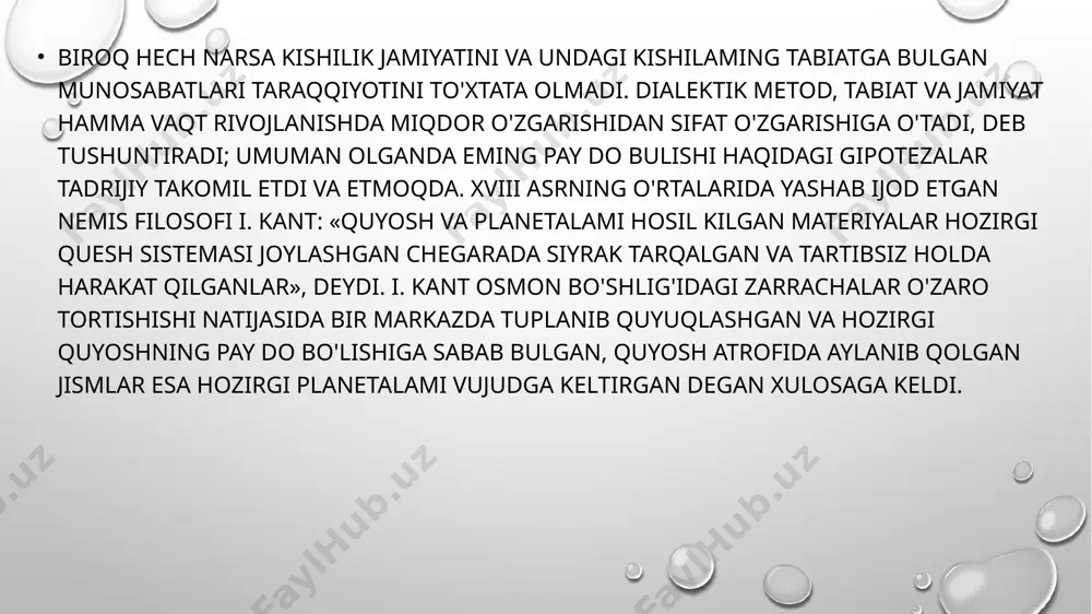 aylanadigan bo'lib qolgan. paydo bo'lgan bu sayyoralar quyoshdan har xil uzoqlikda joylashishi, bir-birlarini va yo'ldoshlarini tortib turishi ham tasodifiy bir hoi emas, ular sayyoralaming paydo bo'lish tarixiga bog'liqdir. hozirgi vaqtda ham sayyoralarga har xil katta-kichik osmon jismlari (ularning tortish kuchi natijasida) kelib qo'shilmoqda, masalan, biz yashab turgan planeta — yerga har yili 5000—7000 tagacha meteorit tushib turadi (o.yu. shmidt) va er ular hisobiga «semiradi». akademik shmidt ko'p yillik tekshirishlari natijasida shunday fikrga keldi. o'tgan asrlardagi kosmogonistlar (laplas) quyosh halqalari planetalardan hosil bo'lgan, planetalar quyoshning 1/700 ini tashkil qiladi, degan edilar. lekin planeta va ularning yo'ldoshlarining harakat yig'indisi ham quyosh harakatining 1/700 ini tashkil etadimi yoki yo'qmi, uni hissblab chiqmagan edilar. o.yu. shmidt planetalar va ularning yo'ldsshlarining harakat yig'indisi 1/700 emas, balki ko'proq ekanligini aniqladi. xuddi shunga o'xshash boshqa harakat yo'nalishlarini va protsesslarini matematik usulda tekshirilishi natijasida u shunday muvaffaqiyatga erishdi. sovet olimlari tsmonidan ishlab chiqilgan gipoteza har qanday g'arbiy kapitalistik …