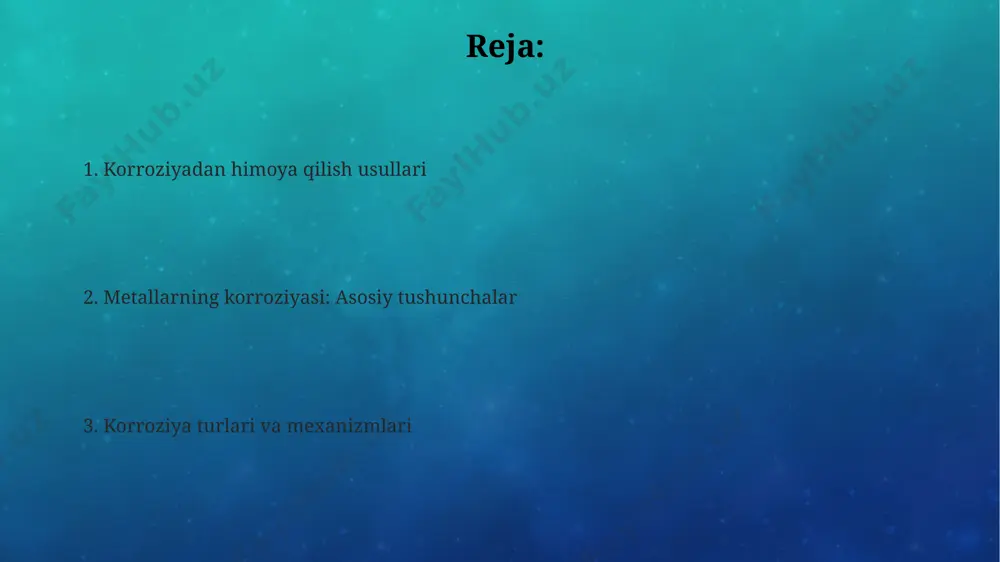 i temirning o'zidan 2-3 baravar katta. kimyoviy korroziya tezligi metallarning elektrokimyoviy potentsiali, ph darajasi va ionlar konsentratsiyasi kabi 3 ta asosiy omillarga bog'liq. kimyoviy korroziya jarayonida metall yuzasida 10 ga yaqin turdagi reaksiyalar kuzatilishi mumkin, bu reaksiyalar metallarning elektron berishi va atrof-muhitdagi oksidlovchilar bilan reaksiyaga kirishishi bilan bog'liq. katod himoyasi katod himoyasi metall sirtini himoya qilish uchun 1-1,5 v kuchlanish bilan tashqi tok manbaasidan foydalanadi, bu esa korroziya jarayonini 90% ga kamaytiradi. himoya qilingan metall katod bo'lib xizmat qiladi va elektronlarni tashqi manbadan oladi, bu esa uning erishiga to'sqinlik qiladi, bu esa korroziyaning oldini olishda samaradorligini oshiradi. magniy yoki rux kabi faolroq metallardan iborat qurbon anodlar katod himoyasi tizimlarida qo'llaniladi va ularning erishi hisobiga himoya qilinadigan metallning korroziyasini to'xtatadi. muhitning ta'siri yuqori namlik (80% dan yuqori) sharoitida korroziya tezligi 10-100 baravar ortadi, chunki suv plyonkasi hosil bo'ladi va elektrokimyoviy reaktsiyalarni tezlashtiradi. namuna sifatida, dengiz suvi (ph 8) temirning korroziyasini 0,1 …