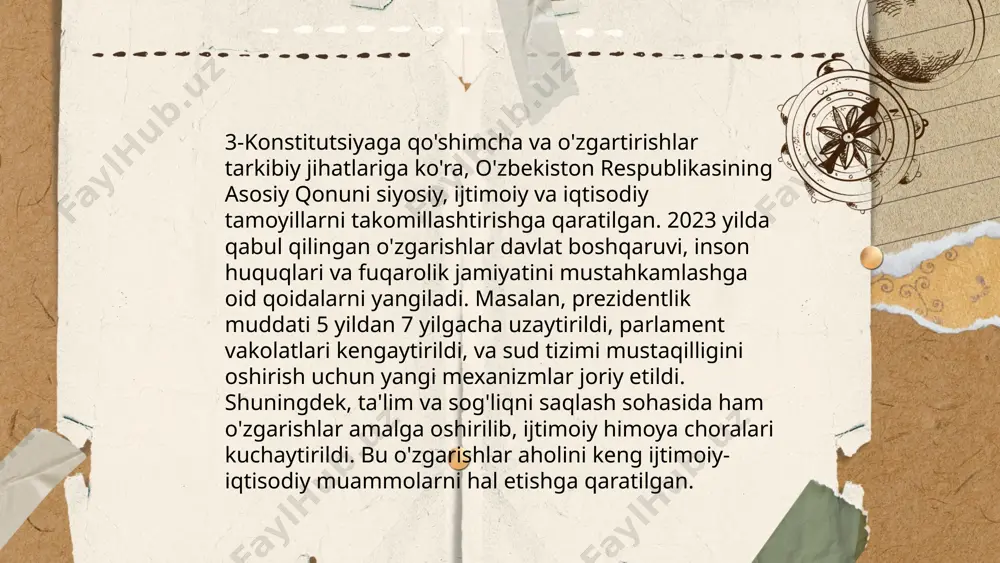 ar referendumi o‘tkazildi. ushbu o‘zgartirishlar ijtimoiy yo‘nalishlarda qator yangiliklarni taqdim etdi. konstitutsiyaga kiritilgan o‘zgarishlar 65% aholining turmush darajasini yaxshilashga qaratildi. maqsadi fuqarolarning huquq va erkinliklarini ta’minlash, ta’lim va sog‘liqni saqlash tizimlarini takomillashtirish edi. masalan, konstitutsiyada bepul tibbiy xizmatlar ko‘lamini kengaytirish, shuningdek, ijtimoiy himoya sohasidagi ko‘rsatkichlarni oshirish nazarda tutilgan. ushbu o‘zgarishlarga ko‘ra, budjetning 15% dan ortig‘i ijtimoiy soha rivojiga yo‘naltirilishi belgilandi. bu o‘zgarishlar o‘zbekistonning ijtimoiy-iqtisodiy barqarorligini ta’minlashga yordam beradi. ... t.me/slaydai_bot 11. mahalliy boshqaruv tizimi konstitutsiyaviy yangiliklar doirasida o'zbekistonda jiddiy o'zgarishlar ro'y bermoqda. 2023-yilgi konstitutsiya o'zgartishlari bilan mahalliy hokimiyatlarga ko'proq vakolat va mas'uliyat yuklandi. yangi qonunchilik asosida mahalliy kengashlarning roli oshirilib, ularning qaror qabul qilish jarayonidagi mustaqilligi ta'minlandi. shu bilan birga, mahalliy boshqaruv moliyaviy jihatdan mustaqilroq bo'lishi uchun ularning daromad manbalari kengaytirildi. ushbu yangiliklar mahalliy boshqaruvning samaradorligini oshirish va aholi ehtiyojlariga yanada yaqinroq bo'lishi uchun mo'ljallangan. yangi tuzilma orqali mahalliy ahamiyatga ega masalalar tezroq va samarali hal qilinishi kutilmoqda. ... t.me/slaydai_bot …