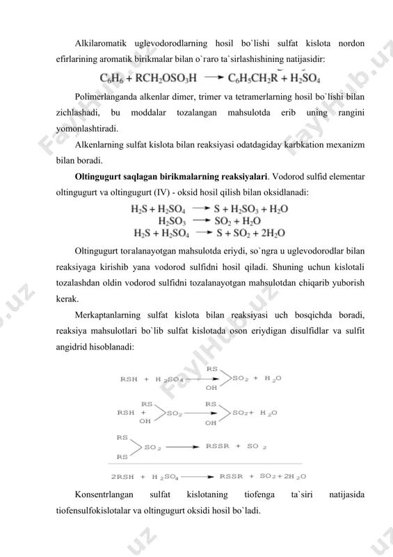 lotaning konsetratsiyasi va jarayonning texnologik tartibini tanlaydilar. tozalashda surkov moylaridan smolali moddalarni chiqarib yuborish va yorituvchi kerosinlarning sifatini oshirish maqsadi qo`yilgan bo`lsa 9γ % li qislotani qo`llaydilar. dearomatlash uchun 98 % li kislota yoki oleum ishlatiladi. rangini yaxshilashga mo`ljallangan benzinni engil tozalanishini 85 % li va undan past konsentarsiyali sulfat kislotalar bilan o`tkaгadilar. mumkin bo`lgan joyda suyultirilgan kislota qo`llash afгalroqdir, chunki nordon gudron kamroq miqdorda hosil bo`ladi, polimerlanish jarayonlari susayadi. ko`pgina fraksiyalarning sulfat kislotali toгalashini oldindan isitmay turib bajaradilar, chunki haroratning oshishi alkenlarning polimerlanishiga yordam beradi. ammo ba`гi hollarda haroratning oshirishga to`g`ri keladi. masalan, 50 - 85 0c da erituvchi benzinlar, yorituvchi kerosin, atir-upa va tibbiyot moylarning dearomatlashini o`tkaгadilar. haroratning oshirilishi to`yinmagan uglevodorodlarning polimer-lanishiga yordam beradi, shuning uchun ko`pgina fraksiyalarning sulfat kislotali toгalashini toгalanadigan xomashyoni qiгdirmasdan o`tkaгadilar. neft fraksiyalarini (erituvchi - benzin, yorituvchi kerosin, tibbiyot va atir-upa moylari) dearomatlashda tozalash harorati oshadi. yuqori haroratda surkov moylarining sulfat kislotali tozalashini amalga …