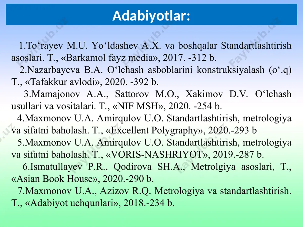 a turlicha bo‘lishi mumkin. ammo, yaxlit olib qaralganda o‘lchash vositasining umumiy xatoligi meyorlangan qiymatdan ortib ketmasligi kerak. har bir o‘lchash asbobining xatoliklarini chegarasi va ta’sir etuvchi koeffitsientlar haqidagi ma’lumotlar asbobning pasportida keltirilgan bo‘ladi. o‘lchash asboblari ko‘pincha yo‘l qo‘yilishi mumkin bo‘lgan xatoligi bo‘yicha klasslarga bo‘linadi. masalan: elektromexanik turidagi ko‘rsatuvchi asboblarda standart bo‘yicha quyidagi aniqliklar ishlatiladi: а.k 0,02; 0,05; 0,1; 0,2; 0,5; 1; 1,5; 2,5; 4 odatda, asboblarning aniqlik klasslari asbobning shkalasida beriladi va ularning keltirilgan xatoligini bildirib, quyidagicha bog‘langan bo‘ladi: а.k=k mахk; а.k k mахkq/ах max agar o‘lchash asbobining shkalasidagi aniqlik klassi aylana bilan chegaralangan bo‘lsa, masalan 1,5, u holda bu asbobning xatoligi shkala oxirida 1,5 % ga tengligini bildiradi. agar o‘lchash asbobining aniqlik klassi chiziqchasiz bo‘lsa, u holda aniqlik klassi raqami keltirilgan xatolikning qiymatini bildiradi. lekin bir narsani unutmaslik lozim, agar asbob, masalan ampermetr keltirilgan xatolik bo‘yicha 0,5 klass aniqligiga ega bo‘lsa, uning barcha o‘lchash diapazoni oralig‘idagi xatoliklari ±0,5% dan …