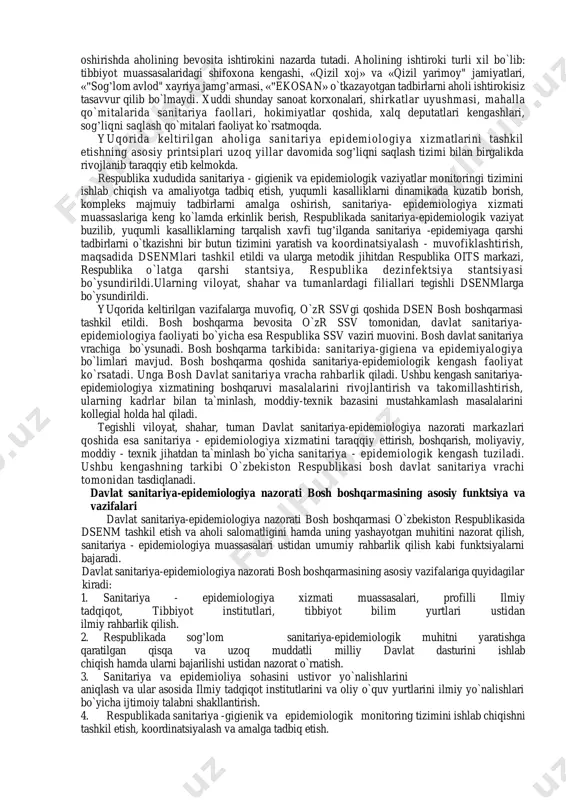 dagi, xayotidagi o`zgarishlar sanitariya-epidemiologiya xizmati organlari oldiga quyidagi vazifalarni qo`yadi: — xalq xo`jaligiga tadbiq etilayotgan barcha yangiliklarga o`z vaqtida gigienik va ergonomik muhitdan baho berish; — har xil ob`ektlardan tashqi muhitga chiqarilayotgan zaharli moddalar, chiqindilarni nazorat qilish usullarini, yo`l qo`yilishi mumkin bo`lgan kontsentratsiyalar me`yorini ishlab chiqish va amaliyotga tadbiq etish; — aholining mehnat, turmush sharoitini yaxshilash bo`yicha ishlab chiqilgan tavsiyalar va tadbirlarni amalga oshirish, ularni ustidan nazorat o`rnatish. aholi salomatligiga ta`sir etuvchi kuyidagi tashqi muhit omillarini alohida kayd etish lozim: — atmosfera havosi, tuprok, aholi yashash joylaridagi suv va suv havzalarining sanitariya holatini nazorat qilish; — aholini suv, toza ichimlik suvi bilan ta`minlash masalalari; — aholining ovqatlanish sharoitlarini yaxshilash, bunda ikki narsani alohida nazarda tutish kerak: ratsional oqilona ovqatlanish: aholining yoshi va salomatligiga mos holdagi to`la qonli ovqatlanish va sog’lom ovqat iste`mol qilish, ya`ni oziq - ovqat mahsulotlarini ishlab chiqarish jarayonida, saqlash, bir joydan ikkinchi joyga olib borish, sotish jarayonida …