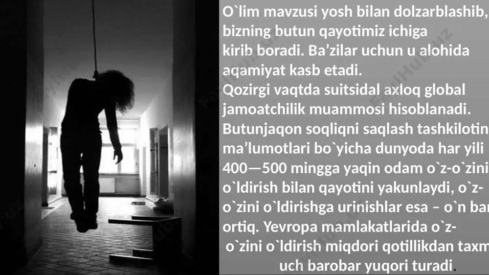 i ryeja ishlab chiqish shaklida o`sadi: o`z-o`zini o`ldirish usullari, vaqti va joyi o`ylab chiqiladi. suitsidal qoyaga iroda komponyenti – qaror, tashqi axloqqa byevosita o`tishga tayyorlik birlashgandagina paydo bo`ladi. pyeriod ot vozniknovyeniya suitsidal fikrlarning paydo bo`lishidan boshlab, ularni amalga oshirguncha bo`lgan muddatni suitsidoldi dyeb nomlanadi. uning davomiyligi daqiqalar (o`tkir suitsidoldi) yoki oylar (surunkali suitsidoldi) hisoblanishi mumkin. davomli suitsidoldi qollarida suitsidal axloqning ichki shakllarining rivojlanish jarayoni yuqorida ifodalangan bosqichlarda ochiq-oydin o`tadi. o`tkir suitsidoldi davrida kyetma-kyetlik aniqlanmaydi va suitsidal qoya qamda maqsadning darrov namoyon bo`lishini kuzatish mumkin. suitsidlar tipologiyasi suitsidlar uchta asosiy guruhga bo`linadi: qaqiqiy, namoyishkorona va yashirin [6, 12, 17]. qaqiqiy suitsid yetarli darajada kutilmagan ko`rinsa-da, to`satdan bo`lmaydi, o`lish istagiga yo`naltiriladi. bunday suitsidga ruqiy ezilgan kayfiyat, ruqiy azoblanish qolati yoki shunchaki qayotdan kyetish qaqidagi fikr yo`ldoshlik qiladi. shu bilan birga atrofdagilar bunday qolatni syezmasliklari mumkin. qaqiqiy suitsidning boshqa xususiyati qayot mazmuni yuzasidan muloqaza va kyechinmalar hisoblanadi. namoyishkorona suitsid o`lish istagi bilan bog’liq …