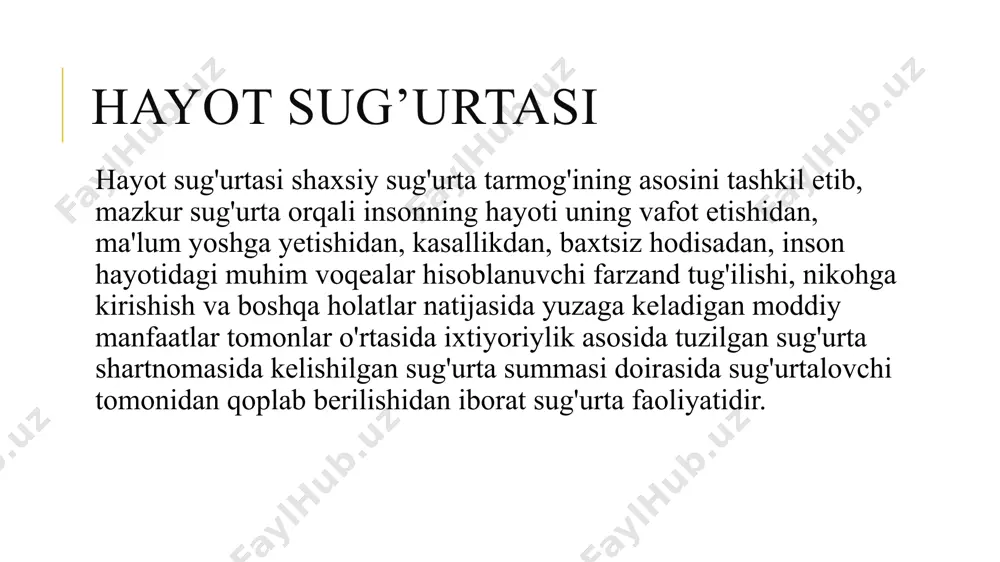 muddati davomida uning o'lish ehtiyojini baltolash zarur. hayotni birgalikda sug'urta qildirish sug’urta qoplamasining boshqa shakli ikkita sug’urta qildiruvchi tomonidan foydalanilishi mumkin va odatda oila juftliklarini sug’urta qildirishda foydalaniladi. nazariyada sug’urta manfaati mavjudligi shartida bundan ko’proq sonli sug’urta qildiruvchilar bo’lishiga ham yo’l qo’yiladi. hayotni birgalikda sug’urta qildirishning bu turlari odatda birinchi o’limga yoki ikkinchi o’limga asoslanadi. hayotni sug‘urta qildirish bo'yicha asosiv polis turlari odatda odamlar yoki oila a'zolarini o'zining bevaqt o'limidan himoya qilish uchun. yoki kelajakda belgilangan moliyaviy vazifalarni bajarish uchun investitsiyalar sifatida hayotni sug'urta qildirish haqida shartnoma tuzadi. polislar quvidagi tarzda guruhlarga ajratilishi mumkin: - muddatli sug'urta; - umrbod sug'urta; - qolgan umrni sug'urta qildirish. image4.jpeg /docprops/thumbnail.jpeg