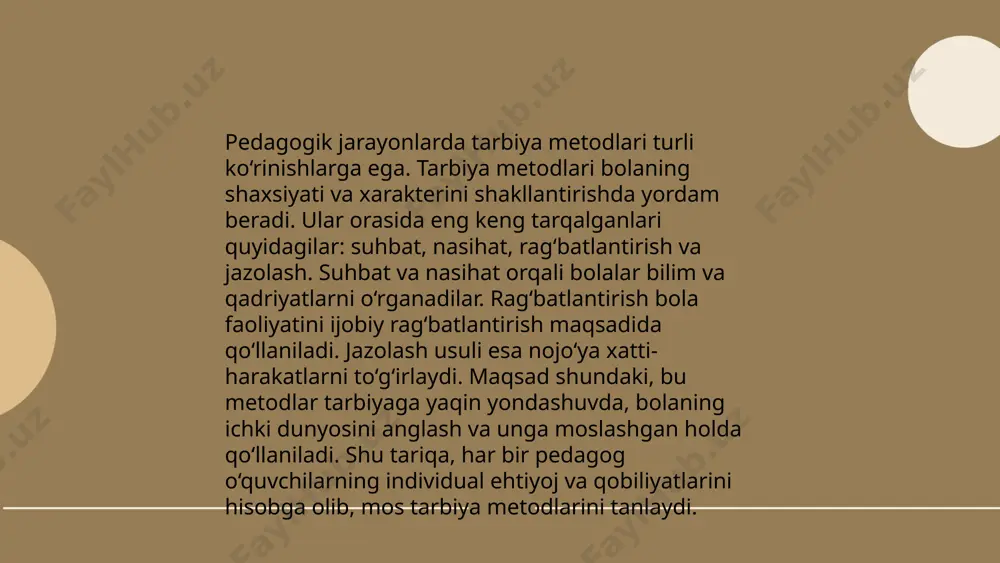 ng 60% dan ortig'i akademik natijalarini yaxshilaydi. maktab va oila o'rtasidagi hamkorlik ijtimoiy masalalar, jumladan, boshqaruv va tartib-intizom muammolarini hal qilishda ham muhim rol o'ynaydi. shu sababli, samarali hamkorlik bolalarning kelajagi uchun mustahkam poydevor yaratishga yordam beradi. ... t.me/slaydai_bot "9. har bir fanni o'qitishda tarbiyalash elementlari" mavzusi ta'lim tizimida muhim ahamiyatga ega. statistik ma'lumotlarga ko'ra, pedagoglar o'z darslarida tarbiyaviy metodlarni qo'llaganda, o'quvchilarning o'zlashtirish darajasi 20-30% ga yaxshilanadi. finlyandiya va singapur kabi davlatlar o'qituvchilarni tarbiyaviy yondashuvlarga o'rgatishga katta e'tibor qaratadi, bu esa ularga dunyo bo'yicha yetakchi ta'lim tizimiga ega bo'lishlariga yordam beradi. 2018-2021 yillarda o'tkazilgan tadqiqotlar ko'rsatadiki, tarbiyaviy elementlarni har bir fandagi darslarga integratsiya qilish o'quvchilarning ijtimoiy ko'nikmalarni rivojlantirishida 40% ga yaxshiroq natijalar beradi. ... t.me/slaydai_bot 10. tarbiya jarayonida zamonaviy texnologiyalar zamonaviy texnologiyalar tarbiya jarayonida muhim rol o'ynaydi. 2021-yilgi tadqiqotlarga ko'ra, o'qituvchilarning 80% zamonaviy texnologiyalarni o'qitish jarayonida qo'llaydi. masofaviy ta'lim platformalaridan foydalanish 50% ga oshgan. interaktiv doskalar va mobil ilovalar o'quvchilar …