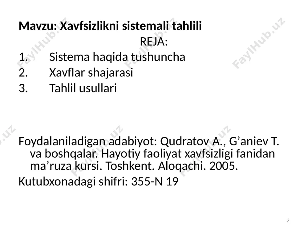 h mumkin emas. shuning uchun xavfsizlikni tahlil etishda tuzilgan shajarani "sabablar va xavflar shajarasi" deb ataladi. ko‘ngilsiz hodisalarning sababini aniqlashda (avariya, jarohat, yong‘in, yo‘l-transport hodisasi va h.k.) shajara tuzish yaxshi samara beradi. 7 8 9 10 xavfsizlikni tahlil qilishda asosiy muammo sistemaning parametr va chegaralarini aniqlab olishdir. agar sistema juda cheklangan bo‘lsa, ayrim xavfli hodisalar diqqatdan chetda qolishi mumkin. ikkinchi tomondan juda cheksiz bo‘lsa, unda tahlil natijalari noaniq bo‘lib qolishi mumkin. shuning uchun tadqiqotchi oldida qaysi darajada tahlil qilish savoli ko‘ndalang turadi. bu savolga javob tahlilning aniq maqsadga bog‘liq ekanligidir. 11 12 ma’ruzamiz tugadi ! marhamat mavzu bo’yicha savollar ??? audio1.wav image1.jpeg image2.png image3.png image4.png image5.png image6.jpeg /docprops/thumbnail.jpeg