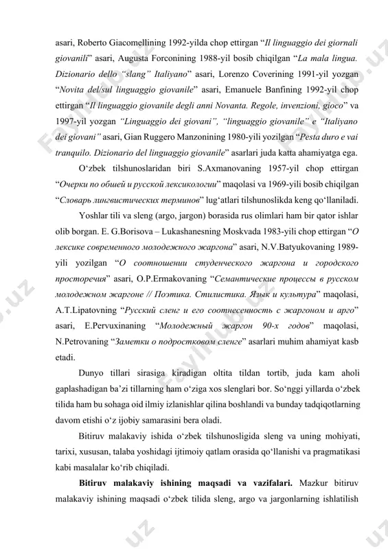 kirib kelgan jargon va slenglarni tahlil qilishdan iborat. shundan kelib chiqqan holatda quyidagi vazifalar belgilangan: ishning tuzilish tartibi. tadqiqot kirish, ikki bob, har bob ichida ikki fasl, xulosa, foydalanilgan adabiyotlar va ilovani o‘z ichiga oladi. i. sleng sotsiolingvistik birlik sifatida 1.1. tilshunoslikda sleng tavsifi va yondosh tushunchalardan farqi sleng — bu turli guruhlarda ishlatiladigan so‘zlar to‘plami yoki mavjud so‘zlarning yangi ma’nolari. sleng g‘arb tilshunosligi an’analariga xos termin sanaladi. ingliz leksikografiyasida “sleng” (slang) atamasi taxminan xix asr boshlarida keng tarqaladi. bu so‘zning etimologiyasi bahsli hisoblanadi. chunki bu terminga haligacha aniq ta’rif berilmagan. turli lug‘atlarda va sotsiolingvistikaga oid adabiyotlarda uning “jargon” (guruh jargoni, yoshlar jargoni) terminiga yaqin turishi qayd qilingan”. slengni o‘rganishga ingliz tilida so‘zlashuvchi madaniyat ta’sir ko‘rsatdi. j.b.grinou va j.l.kittrij uni quyidagicha tavsiflaganlar: “sleng bu adabiy nutqning atrofida o‘ralgan va doimiy ravishda eng nozik jamiyatga kirishga harakat qiladigan sarson tildir”. u muayyan kasb egalari yoki ijtimoiy guruhlarning og‘zaki nutqida qo‘llaniladigan, emotsional-ekspressiv …