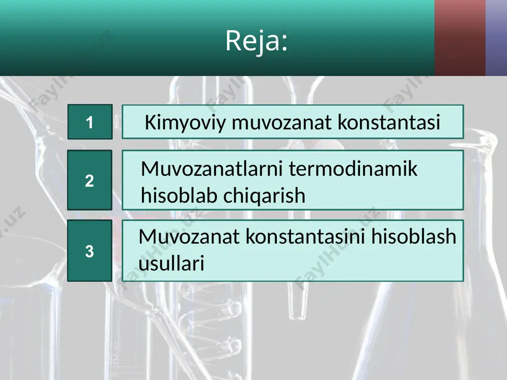 siyadagi moddalardan birining konsentratsiyasi ortsa shu modda sarflanadigan tomonga muvozanat siljiydi. masalan, kimyoviy muvozanatda turgan co2 + h2 h2o + co reaktsion muhitdagi co2 ning konsentratsiyasi orttirilsa muvozanat to‘g‘ri reaksiya tomonga siljiydi, co ning konsentratsiyasi ortsa, muvozanat teskari tomonga siljiydi. co2 + h2 h2o + co e’tiboringiz uchun rahmat image2.jpg image3.jpeg image4.jpeg image5.png image6.jpeg image7.png image8.jpeg image9.jpeg image10.jpeg image11.jpeg image12.jpeg image13.jpeg image14.jpeg image15.jpeg image16.jpeg image17.png image18.jpeg image19.jpeg image20.jpeg image21.jpeg image22.jpeg image23.jpeg image24.jpeg image25.jpeg image26.png image27.jpeg image28.jpeg image29.jpeg image30.jpeg image31.png image1.jpg /docprops/thumbnail.jpeg