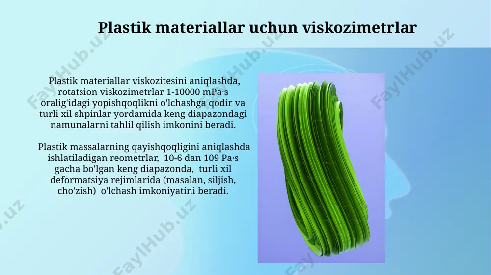 dasturi bilan jihozlangan. fal'li viskozimetrlar fal'li viskozimetrlar suyuqlikning yopishqoqlik darajasini aniqlashda, 1-1000 mpa·s oralig'ida yuqori aniqlik bilan o'lchash imkonini beradi va ko'plab sanoat tarmoqlarida qo'llaniladi. fal'li viskozimetrlarning o'lchash xatoligi odatda ±1% dan oshmaydi va bu ularning yuqori ishonchlilik darajasini ta'minlaydi, bu esa 0,1 dan 1000 gacha bo'lgan kinematik yopishqoqlik birliklarida natijalarni beradi. yuqori haroratli viskozimetrlar yuqori haroratli viskozimetrlar, masalan, 200°c dan yuqori haroratlarda suyuqliklarning yopishqoqligini aniqlash uchun maxsus issiqlikka chidamli materiallardan, masalan, sapfir yoki platina-rhodiy qotishmalaridan yasalgan. ushbu asboblar, odatda, rotatsion yoki kapillyar prinsiplariga asoslangan bo'lib, o'lchov aniqligi ±1% dan kam bo'lishi mumkin va 0,1-100000 mpa·s diapazonidagi yopishqoqlikni o'lchash imkonini beradi. sanoat viskozimetrlari sanoat viskozimetrlari, neft-kimyo, oziq-ovqat va farmatsevtika kabi turli sohalarda, jarayonlarni nazorat qilish va sifatni ta'minlash uchun muhim rol o'ynaydi, va 1% dan kam bo'lgan xato chegaralarini ta'minlashi mumkin. sanoat viskozimetrlari, suyuqlikning yopishqoqligini o'lchash uchun ishlatiladi va ko'pincha 0 dan 100000 mpa·s gacha bo'lgan diapazonda aniq o'lchovlarni ta'minlaydi. …
