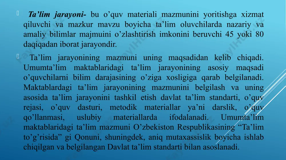 a kirishi va ularga har xil ko‘rsatmalar berishi, metodika jihatidan yuksak saviyada o‘tkazilgan dars namunalarini ko‘rsatish maqsadida yosh o‘qituvchilarni tajribali o‘qituvchilarning darslariga taklif etish, nazorat ishlarining mavzusi va mundarijasi masalalarida maslahatlar berish kabi shakllardan iborat bo‘ladi. o‘quv ishlari bo‘yicha direktor o‘rinbosarining yuqorida ko‘rsatib o‘tilgan hamma ishlarini tizimga solish, aniqlash va rejalashtirish maqsadida ularni o‘quv yilining asosiy davrlariga taqsimlash yaxshi natija beradi. ma’lumki bunday asosiy davrlar uchtadir: 1. yangi o‘quv yiliga tayyorgalik ko‘rish. 2. mashg‘ulotlarning boshlanishi va butun yil davomidata’lim-tarbiya ishlarining borishi. 3. imtihonlar va o‘quv yilining tugallanishi. o‘quv ishlari bo‘yicha direktor o‘rinbosari quyidagilarni bilishi zarur: 1. o‘rta maktabda o‘qitiladigan hamma fanlarning dasturlarini va ularning uqtirish xatlarini, xususiy metodikalarini, darsliklarini, ko‘rgazmali qurollarini. 2. sinfdan va maktabdan tashqari ishlarning metodlarini. 3. o‘quvchilar tashkilotlari bilan ishlash metodlarini. 4. o‘quvchilar bilan olib boriladigan tarbiyaviy ishlar nazariyasi va amaliyotini. 5. bolalar adabiyotini. 6. maktab gigiyenasi va ta’lim-tarbiya psixologiyasi masalalarini. 7. rahbarlik qilish, nazorat qilish, hujjatlar …