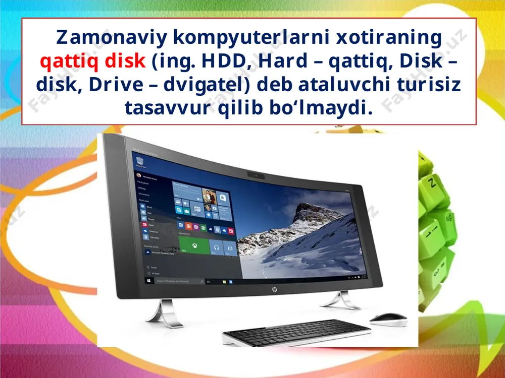 viy vosita sepilgan bo‘lib, ularga axborot cd-rom yoki dvd-rom qurilmalari orqali yoziladi va o‘qiladi. cd (ing. compact – zich) kompakt disk, dvd (ing. digital versatile disk) – raqamli universal disk deb o‘qiladi. hozirgi kunda axborotlarni tashish va saqlashning juda qulay vositalaridan biri bo‘lgan usb-yig‘uvchilardan flash-xotira va flashdisklar xizmat qilmoqda. flash-xotiraning axborot sig‘imi 16 mbaytdan bir necha o‘n gbaytgacha bo‘lgan turlari mavjud. flash-xotira va flash-disklarning kun sayin axborot sig‘imi kattalari ishlab chiqarilmoqda. printer – ma’lumotlarni qog‘ozga chiqarish qurilmasi. printerlarning bosma turidan hozirgi kunda deyarli foydalanilmaydi. hozirgi kunda printerlarning uch turi mavjud: bosma (matritsa-o‘yma qolipli), purkovchi, lazerli. plotter (grafyasagich) – chizmalarni qog‘ozga chiqarish uchun xizmat qiluvchi qurilma. qog‘ozda tasvirlanadigan chizmalar tushlangan pero bilan hosil qilinadi. skaner – fotosurat, grafik va matn shaklidagi axborotlarni kompyuterga kiritish uchun ishlatiladi. web-kamera eng zamonaviy vositalardan biri bo‘lib, “ko‘zchasi” qamrovidagi harakatli video axborotlarni kompyuter xotirasiga o‘tkazish uchun xizmat qiladi. savol va topshiriqlar 1. qattiq disklar haqida ma’lumot …