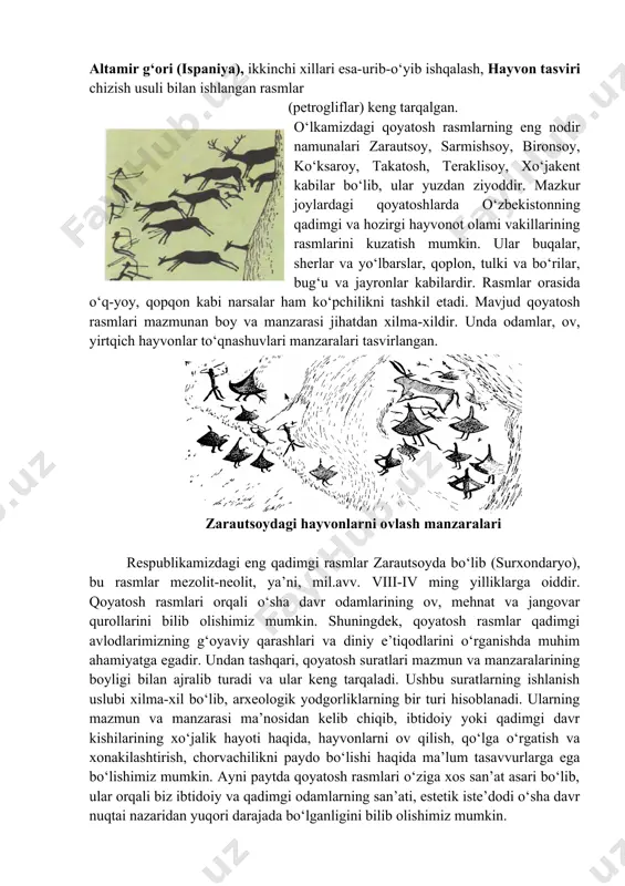 ndiston madaniyatlariga mansub buyumlar ham bor. ular eneolit davri qabilalari o‘rtasidagi keng madaniy va iqtisodiy aloqalardan dalolat beradi. 2. ibtidoiy tasviriy san’at. bronza davri yutuqlari. yozuv haqida yangi ma’lumotlar dunyo tarixida ibtidoiy tasviriy san’at, xususan, g‘orlarning devorlariga turli tasvirlar tushirish so‘nggi paleolit davriga oiddir (ispaniyadagi altamir g‘ori). o‘rta osiyoda ungurlar va qoyatoshlarga ishlangan rasmlar mezolit davrida paydo bo‘ladi. neolit davriga kelib bu san’at yangi asosda rivojlanish bosqichiga o‘tadi. kaltaminor, hisor, ayniqsa joytun madaniyatiga mansub yodgorliklardan ibtidoiy san’atning namunalari topilgan. o‘tmish tariximizning xilma-xil yodgorliklari orasida muhim ahamiyatga ega bo‘lgan va o‘rta osiyoning tog‘li tumanlarida keng tarqalgan qoyatosh rasmlari ishlanish usuliga ko‘ra ikki xildir. bu holatda bir xillari bo‘yoq (oxra) bilan, altamir g‘ori (ispaniya), ikkinchi xillari esa-urib-o‘yib ishqalash, hayvon tasviri chizish usuli bilan ishlangan rasmlar (petrogliflar) keng tarqalgan. o‘lkamizdagi qoyatosh rasmlarning eng nodir namunalari zarautsoy, sarmishsoy, bironsoy, ko‘ksaroy, takatosh, teraklisoy, xo‘jakent kabilar bo‘lib, ular yuzdan ziyoddir. mazkur joylardagi qoyatoshlarda o‘zbekistonning qadimgi va …