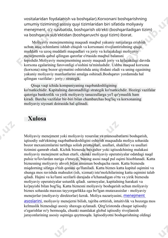 , intuitivlik va bozorga mos kelmaslik biznesdagi asosiy shaxsga aylanadi. qirg'izistonda chuqur iqtisodiy o'zgarishlar ro'y bermoqda, chunki mamlakat global iqtisodiy rivojlanish jarayonlarining asosiy oqimiga qaytmoqda. iqtisodiyotni boshqarishning oldingi mexanizmini tubdan qayta qurish, uni bozor boshqaruv uslublari bilan almashtirish mavjud. katta biznesni moliyaviy boshqarish uchun moliyaviy biznes sohasida maxsus tayyorgarlikka ega bo'lgan mutaxassislar - moliyaviy menejerlar (moliyaviy direktorlar) kerak. moliya nazariyasini, menejment asoslarini, moliyaviy menejerni bilish, tajriba orttirish, intuitivlik va bozorga mos kelmaslik biznesdagi asosiy shaxsga aylanadi. qirg'izistonda chuqur iqtisodiy o'zgarishlar ro'y bermoqda, chunki mamlakat global iqtisodiy rivojlanish jarayonlarining asosiy oqimiga qaytmoqda. iqtisodiyotni boshqarishning oldingi mexanizmini tubdan qayta qurish, uni bozor boshqaruv uslublari bilan almashtirish mavjud.