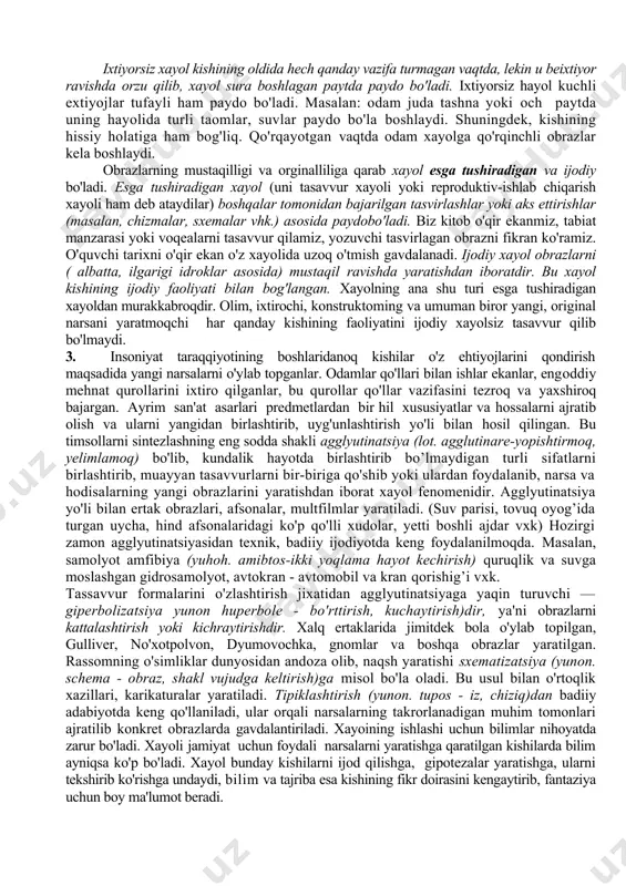 afakkur muhim rol o'ynaydi. tafakkur fantaziya natijalariga tuzatishlar kiritadi, ya'ni tanqidiy baholaydi. his-tuyg'ular ham xayolga ta'sir ko'rsatadilar va ularning o'zlari ko'p jihatdan xayolga bog'liq bo'ladilar. nihoyat kishining xayoli bilan yaratilgan ijodiy niyatlarni amalga oshirish uchun iroda zarur bo'ladi. xayolning fiziologik asosi - miyaning katta yarim sharlar po'sloglda ilgari hosil muvaqqat bog'lanishlar o'rtasida yangi birikmalarning paydo bo’lishidir. avvalgi bog'lanishlarning tiklanishi - bu xotira jarayonlaridir. xayoining ishlashi uchun bu bog'lanishlarning miya po'stlog’ida hali mavjud bo'lmagan, lekin u yerda bor qo'zg'alishlarning qoldiqlaridan tashkil topadigan birikmali yangi sistemalari vujudga keiishi zarur. xayol ikkala signal sistemasining faoliyati bilan mustaxkam bog'langan. agar kishi tegishli sezgilar, idroklarga ega, ya'ni atrofdagi voqelikning dastlabki signallarini olgan taqdirdagina, unda narsalar va hodisalar to'g'risidagi obrazlar, tasavvurlar hosil bo'lishi mumkin. 2. ixtiyoriy xayol qandaydir ijodiy mehnat bilan hand kishi o'z xayolini ishtashga majbvr qilganda ro'y beradi. bu hoi badiiy asarlarni yaratish jarayonida, ixtirochi, konstruktoming faoliyatida va hatto qilayotgan narsani o'ylab ko'rish va …