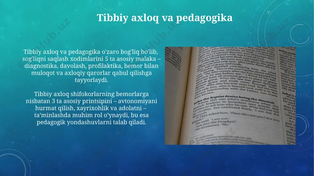ar o'quv jarayoniga interaktiv o'yinlarni, virtual simulyatsiyalarni va muammoli vaziyatlarni kiritish orqali talabalarning faol ishtiroki va 20% dan ortiq mustaqil o'rganishni ta'minlash samarali bo'ladi. kichik guruhlarda ishlash, hamda muhokamada ishtirok etish orqali (har bir guruh 4-6 kishidan iborat) talabalar o'rtasida fikr almashish va hamkorlikda o'rganishni rag'batlantirish muhim. tibbiyot xodimlarini o'qitishning zamonaviy usullari tibbiyot xodimlarini o'qitishda simulyatsion texnologiyalar, jumladan, virtual va qo'lda bajarish mumkin bo'lgan 3d modellardan foydalanish, amaliy ko'nikmalarni rivojlantirishda 20% ga samaradorlikni oshiradi. kengaytirilgan haqiqat (ar) va virtual haqiqat (vr) texnologiyalaridan foydalanish, 50 ga yaqin bemor holatini simulyatsiya qilish imkonini berib, diagnostika va davolash ko'nikmalarini takomillashtirishga yordam beradi. pedagogik bilimlarning tibbiyotdagi o'rni va ahamiyati tibbiyot fakultetlarida pedagogika fanini o'qitishning 5 ta asosiy uslubi mavjud bo'lib, ularning har biri o'ziga xos afzalliklari va kamchiliklariga ega. pedagogik kompetensiyalar shifokorlarning 35% ga yaqin bemorlar bilan muloqotini yaxshilashga va bemorlarning davolanishga rioya qilish darajasini oshirishga yordam beradi. interaktiv ta'lim usullari interaktiv ta'limning 5 …