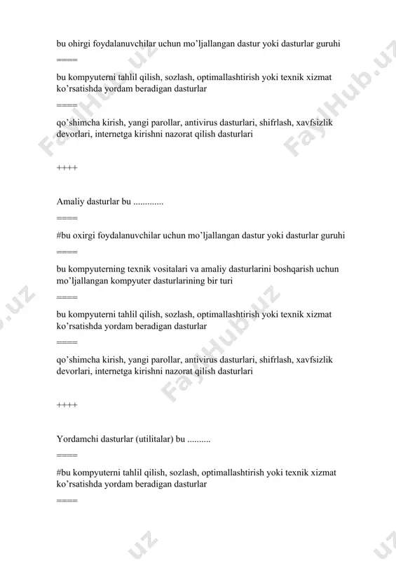 llangan: ==== #ona plata va unga ulangan qurilmalarning o’z-o’zini diagnostika qilish va testlash ==== monitorni diagnostika va testlash ==== klaviatura va printerlarni o’z-o’zini diagnostika qilish va testlash ==== plotter, nusxa ko’chirish qurilmalarini o’z-o’zini diagnostika qilish va testlash ++++ quyidagilardan qaysi biri tizimli dasturiy ta’minot hisoblanadi? ==== #operatsion tizim ==== matnli protsessor ==== veb-brauzer ==== elektron pochta dasturiy ta'minoti ++++ kompyuterda boshqa dasturiy ta’minotlarni ishga tushirish uchun qaysi dasturiy ta'minot zarur bo’ladi? ==== #operatsion tizim ==== amaliy dasturiy ta'minot ==== tizimli dasturiy ta'minot ==== maxsus dasturiy ta'minot ++++ operatsion tizimning asosiy vazifasi nimadan iborat? ==== # kompyuter va uning qurilmalaridan yuqori samaradorlikda foydalanish ==== insonlarga kompyuterdan foydalanish imkoniyatini yaratish ==== tizimli dasturchilarning bandligini ta’minlash ==== kompyuterdan foydalanishni soddalashtirish ++++ operatsion tizimning qaysi komponenti asosiy xotirani (ram) boshqarish, ya’ni xotira maydonini taqsimlash uchun xizmat qiladi? ==== #xotira menejeri ==== protsessor menejeri ==== fayl menejeri ==== qurilma menejeri ++++ operatsion tizimning qaysi komponenti …