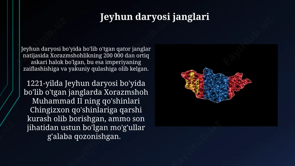 ilik qoʻshin bilan xorazmni zabt etishga undagan asosiy omillar qatorida boʻldi. termizning egallab olinishi termiz 1220-yilning kuzida chingizxon qo‘shinlari tomonidan qamal qilinib, shafqatsiz qirg‘inlarga duch kelgan, aholining katta qismi qirilib, shahar vayron bo‘lgan. termizning strategik ahamiyati tufayli, uning egallab olinishi khorozm shohi muhammad ii ning sharqdagi kuchli qo‘llab-quvvatlash bazasini yo‘q qilish demak edi. xulosa муҳаммад ii хоразмшоҳнинг 1221 йилда жейхун дарёси яқинидаги жангдаги мағлубияти хоразмшоҳликнинг ерларини монғоллар томонидан тезкор босиб олинишига олиб келди. 1221 йилдан кейинги даврдаги хоразмшоҳлик ва монғоллар ўртасидаги муносабатлар тобелик ва қаршиликнинг мураккаб таркибини акс эттиради, бунда кўплаб хоразм аҳолиси қатл этилган. aholi qirgʻini va vayronagarchilik urush natijasida xorazm viloyatlarida, jumladan, merv, nishapur va balx kabi yirik shaharlarda aholi soni keskin kamaygan va madaniy merosga katta zarar yetgan. moʻgʻullar tomonidan xorazm shahri 1221-yilda vayron qilingan va 1 milliondan ortiq odam halok boʻlgan, bu dahshatli qirgʻinni aks ettiradi. toʻqnashuv sabablari moʻgʻullar oʻrta osiyoda oʻz ta'sirini kengaytirish istagi va …
