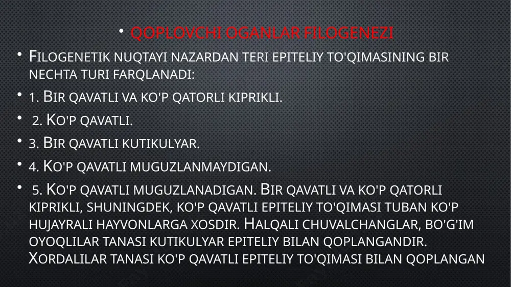 anoq sohasida ikkilamchi juft buyrak metanefros joylashgan. birlamchi buyrak reptiliyalarning embrional davridagina ayiruv funksiyasini bajaradi, keyin reduksiyaga uchraydi. qushlaming va sutemizuvchilarning buyragi sudralib yuruvchilarniki singari - metanefros tipida tuzilgan endokrin tizimi ko'p hujayrali organizmlarning a'zolar tizimi va barcha a'zolar faoliyati bir-biri bilan bog'liq holda ishlashi uchun va uning odam va hayvonlar evolyutsiyasi davomida, atrof-muhitning o'zgarib turadigan sharoitlariga moslashishini ta'minlash uchun awal markaziy boshqarish apparati - nerv tizimi, keyinchalik endokrin tizim shakllangan . hayotiy jarayonlarning gumorol yo'l bilan boshqarilishi deganda bironta a'zoda ishlab chiqilgan moddalarning qon orqali boshqa a'zolar faoliyatiga ta'sir ko'rsatishi tushu- niladi. ichki sekretsiya bezlarida ishlab chiqariladigan biologik moddalarga gormonlar deyiladi. gormonlar juda kam miqdorda ishlab chiqarilsa ham, turli a'zolar faoliyatiga kuchli ta'sir ko'rsatuvchi, organizmda boradigan fiziologik jarayonlarni kimyoviy yo'l bilan boshqaruvchi, juda faol kimyoviy moddalardir asab tizimi filogenezi asab tizimi bir butun organizmning turli xil a'zolari tizimi faoliyatini bir-biriga bog'liq holda ishlashini muvofiqlashtirib turadi va har bir tizim …