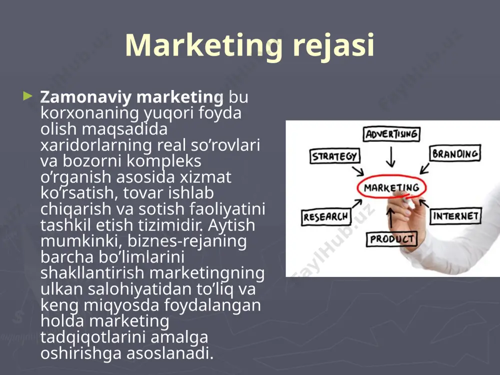 limga biznes-rejaning maqsadlaridan kelib chiqib, rejalashtirilayotgan marketing faoliyatining asosiy (eng qiziqarli) holatlarini kiritish maqsadga muvofiq. marketing strategiyasi. marketing strategiyasi mazmunini yoritishdagi boshlang’ich nuqta bozorni segmentlash va maqsadli bozorlarni tanlab olish hisoblanadi. har bir maqsadli segmentga, raqobatchilarning undagi o’rnini hisobga oladigan alohida marketing strategiyasi ishlab chiqiladi. bunda umumiy yo’nalishlar hamda marketing kompleksi har bir tashkil etuvchisining ichki strategiyasi (tovar, baho, sotish va kommunikativ siyosat) ishlab chiqiladi. audit (ing. audit – u eshitadi) – mu-ayyan vakolatlar berilgan shax-slar – auditorlar (auditorlar firmalari) tomonidan xoʻjalik yuritayotgan sub’ektlarning moliyaviy hisobotlari toʻgʻriligini, ular amalga oshirgan mo-liyaviy va xoʻjalik operatsiyalarining mamlakat qonunlariga muvofiqligini tekshirish maqsadlarida oʻtkaziladigan moliya hujjatlari ekspertizasi va tahlili; taftish. uning ichki a. va tashqi a. turlari bor. ichki a. boshqaruvning korxona xoʻjalik fao-liyati toʻgʻrisida axborot olish, mene-jerlar hisobotining haqqoniyligini tasdiqlash maqsadlarini koʻzlaydi. tashqi a. oʻzaro mustaqil tomonlar (kor-xona va auditorlik firmasi) oʻrtasida shartnoma asosida amalga oshiriladi. a.da korxona moliyaviy hisobotining toʻgʻriligiga baho beriladi, …