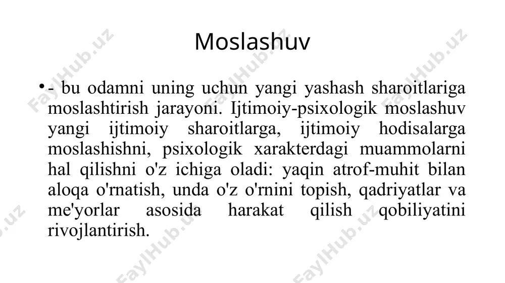 maqomini olishni anglatadi; -infratuzilmaga kirish: shaharning ijtimoiy, uy-joy, transport, madaniy, iqtisodiy infratuzilmasidan foydalanish imkoniyati. infratuzilmaga kirishning qonuniy yoki haqiqiy cheklanishi migrant anklavlari yoki "getto"ning shakllanishiga olib keladi. - resurslar va xizmatlardan foydalanish: davlat va jamiyat qo'llab-quvvatlashidan foydalanish, zarur xizmatlarni olish, maqbul turmush darajasi va iste'molga erishish va oxir-oqibat o'zini iqtisodiy, ijtimoiy va madaniy hayotning to'liq ishtirokchisi sifatida yangi sharoitlarda amalga oshirish uchun iqtisodiy, huquqiy, ijtimoiy va madaniy imkoniyat. ijtimoiy integratsiyaning samaradorligi va yo'nalishi quyidagilarga bog'liq: - migrantning afzal identifikatori: u o'zini kim deb hisoblaydi va qabul qilingan mamlakat jamiyatida kim bo'lishni xohlaydi; - migrantning motivatsiyasi: uni nima boshqaradi; - ijtimoiy institutlar: u kimning yordamiga ishonadi; - oraliq natija: migrant qanday ijtimoiy jarayonlarga duchor bo'ladi. chet el fuqarolarini moslashtirish va integratsiyalashning asosiy yondashuvlari va millatlararo keskinlikning oldini olish - integratsiya-migrantlar individual ravishda ham, ma'lum bir ijtimoiy zaif guruh sifatida ham ta'sir qilishi kerak bo'lgan jarayon; - integratsiya uchun javobgarlik muhojirlarning o'zlariga …