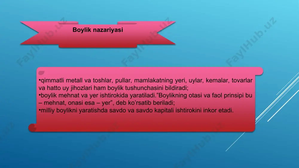 hilar, hunarmandlar, savdogarlar va boshqalar; ishlab chiqarish xarajatlarini tadqiqot qilish asosida kapitalni ikki turga, ya’ni “har yillik avanslar”ga (ular urug‘likka, ishchilarga bo‘lgan har yilgi xarajatlar) va “dastlabki avanslar”ga (ular bir necha yil davomida ishlab chiqariladigan va foydalaniladigan qishloq xo‘jaligi mashinalari, asbob-uskunalar, imorat, inshootlar) ajratib, ko‘rsatib berdi. ular hozirgi asosiy va aylanma kapital tushunchalariga to‘g‘ri keladi; sof mahsulot to‘g‘risida ta’limot yaratdi, u mahsulot qimmatining uni ishlab chiqarishga ketgan xarajatlardan ortiqcha qismi sifatida tavsiflanadi (bunda qimmat deganda nafaqat mahsulotning puldagi ifodasini, balki uning moddiy-ashyoviy shaklini ham tushungan); u xo‘jalikdagi asosiy mutanosibliklarni aniqlovchi va davlat iqtisodiyotining rivojlanishini ta’minlovchi ijtimoiy takror ishlab chiqarish nazariyasini asoslab berdi. shunday qilib, tarixda birinchi bo‘lib jamiyat miqyosidagi oddiy takror ishlab chiqarishni tahlil qildi va uning xulosasiga ko‘ra, mahsulotlarni takror ishlab chiqarish va realizatsiya qilish faqat muayyan xo‘jalik mutanosibliklari rioya qilgan sharoitdagina amalga oshishi mumkin). mazkur modelni ishlab chiqishda quyidagi mutlaq taxminlarga yo‘l qo‘yiladi: barcha narxlar yil davomida o‘zgarmaydi; …