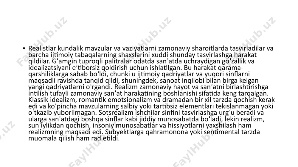 sotsiatsiyalar va xotiralarni uyg‘otib, she’r bilan yanada chuqurroq va shaxsiy aloqani yaratishi mumkin. 4. ba’zi ramzlar universal ma’nolarga ega va turli madaniyatlarda tan olinadi. bu ramzlar shoirlarga turli millatdagi odamlar bilan rezonanslashadigan mavzular va g‘oyalarni o‘rganishga yordam beradi, umumiy insoniy tajriba tuyg‘usini yaratadi. 5. ramzlar she’riyatga noaniqlik va sirlilikni yuzaga keltiradi. bu esa o‘quvchilarga ma‘noning turli qatlamlarini topish va har bir o‘qishda yangi tushunchalarni kashf qilish uchun joy qoldiradi. 6. ramzlardan mohirona foydalanish she’riyatning estetik ta’sirchanligini oshiradi. 7. shoirning kechinmalari va histuyg‘ularini obrazli ifoda etish imkonini beradi. 8. she’riyatdagi siyosiy-ijtimoiy belgilar jamiyat normalarini tanqid qilish, norozilikni ifodalash yoki ijtimoiy o‘zgarishlarni himoya qilish uchun ishlatilishi mumkin. 19-asrning 60-yillarida fransiya, 19-asrning soʻnggi choragida yevropa va aqsh adabiyoti va sanʼatida paydo boʻlgan va real borliqni obyektiv (oʻz holicha), aniq va hissiz aks ettirishga intilgan oqim va ijodiy metod. adabiyotda naturalizm inson xarakterini ilmiy (eksperimental) oʻrganishni maqsad qilib qoʻydi. naturalizm adabiy yo`nalishi sifatida 19-asr …