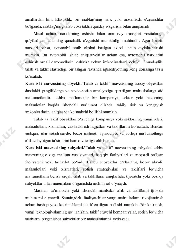 pulingiz bo’lmasa, u xohishligicha qoladi, pul bo’lgandagina u talabga aylanadi. talab o’z ichiga aholining iste’mol buyumlari va xizmatlarga, tovar ishlab chiqaruvchilarning iqtisodiy resurslarga talabi, turli tashkilot, muassasalar talablarini oladi. ayrim xaridor, turli iste’molchilar, guruhiy yoki butun mamlakat miqyosida xarid qilib olishni xohlayotgan aniq turdagi tovar hajmi talab qilingan tovar miqdori deyiladi. iste’molchilar xarid qilishni xohlayotgan tovarlar bilan xaridorlar tomonidan real sotib olingan tovarlar miqdorini farqlash kerak. chunki, ular mos kelmasligi mumkin. sababi, xohlaganlariga qaraganda kamroq sotib olishlari mumkin. bu shu tovarni sotib olish uchun zarur miqdorda pulga ega emasliklarini ko’rsatadi. odatda, talab deganda eng avvalo, aholi talabi nazarda tutiladi. u yuqori darajada dinamizm - o’zgarishi bilan ajralib turadi. aholi talabiga ko’ra ishlab chiqarish talabi shakllanadi. umuman iste’molchilar talabini ikkiga bo’lish mumkin: 1. individual talab - ayrim alohida xaridorning talabi. 2. bozor talabi - xaridorlarning turli xil tovarlarni sotib olishga bo’lgan talablarining yig’indisi. tovarlar va xizmatlarga bo’lgan talablarni xarakteri va boshqa …