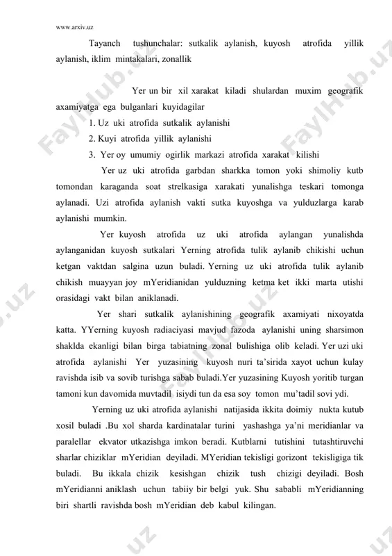 uz uki atrofida aylanishi asosiy vakt birligi bulgan sutkani xosil kiladi va sutkani ikki asosiy kismga tun va kunga ajratiladi. sutka organik dunyo evolyuciyasi jarayonida usimlik va xayvonlarning fizialogik faoliyati moslashib kolgan vakt birligidir. evolyuciya jarayoni davomida ichki biologik soat sutkaga moslashgan organizmlar tabiiy tanlanib kolgan. insonning xujalik faoliyati ta’sirida atmosfera xavosi ifloslanib uning gaz tarkibida uzgarishlarining ruy berishi iklimning global masshtabda uzgarishga olib kelmokda. atmosfera xavosi tarkibida zararli gazlarning eng avval karbonot angidridi mikdorining kupayishi natijasida paranik effekt vujudga keladi. bunda so2 gazi kuyoshning kiska tulkinli nurlarini bemalol yer yuzasiga utkazib yuboradi, aksincha yer yuzasidan koinotga tarkaladigan uzun tulkinli nurlanish ushlab koladi natijada sayyoramiz yuzasidagi xavoning urtacha xarorati ortib boradi. olimlardan m.i. budinkovning va amyerika olimlari fikriga kura atmosfera tarkibida antropogen omillar ta’sirida so2 gazi mikdorining ortib borishi natijasida 2001 yilga borib yer yuzasi xavosining urtacha xarorati 0,5 0 isiydi. agar atmosfera ifloslanishining oldini olinmasa 50 yildan sung amyerikalik …