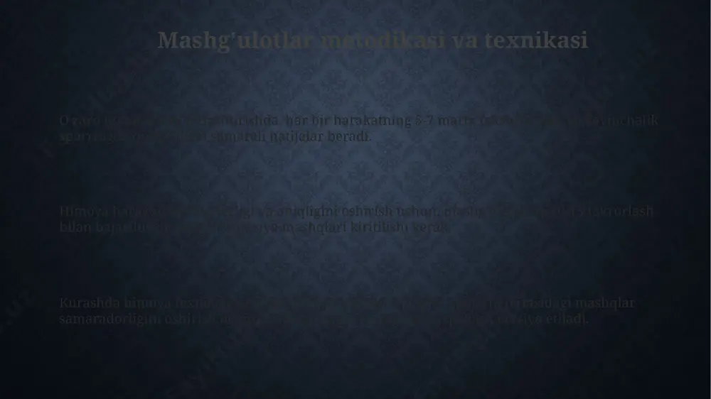 hning kombinatsiyalangan usullari himoyalanishning samaradorligini oshirish uchun otish va tashlash texnikasini tahlil qilish orqali raqibning 5ta zaif nuqtasini aniqlab, shu nuqtalarga qaratilgan 2ta kombinatsiyalangan himoya taktikasini qo'llash mumkin. otish va tashlash harakatlaridan himoyalanishda 2-3 ta asosiy texnikalarni (masalan, qo'l ushlash va oyoq harakatlarini) birlashtirish orqali muvozanatni saqlash va hujumni qaytarish samaradorligini 20% ga oshirish mumkin. "qo'l bilan ushlash + oyoq bilan to'sqinlik qilish" kabi kombinatsiyalangan himoya usullari raqibning 3ta asosiy hujum yo'nalishini (oldin, orqadan, yon tomondan) blokirovka qilishga imkon beradi. kurashda himoya texnikalarini takomillashtirishning istiqbollari kurashchilarning himoya taktikalarini diversifikatsiya qilish maqsadida, kamida 5 ta yangi texnikani o'zlashtirish va ularni sparringlarda qo'llash orqali 10% ga zarba samaradorligini pasaytirish mumkin. kurashda himoya texnikalarini takomillashtirishda 30% ga yaqin samaradorlik o'sishini ta'minlash uchun, kompyuter simulyatsiyasi va biomexanik tahlillarni qo'llash istiqbollari katta. himoya harakatlarining tezligini va aniqligini 15-20% ga oshirish uchun, funksional mashqlar va reaktivlikni rivojlantirishga qaratilgan maxsus dasturlarni joriy etish muhim. himoya pozitsiyalarini o'rganish …