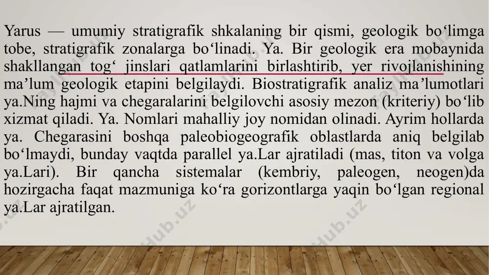 otqoqliklarda yaruslilik unchalik yaxshi ko'zga tashlanmaydi. ochiq yaylovdalalardagi fitotsenozlarda birinchi yarusni bitta yoki ikkita qo'ng'irbosh (roabulbosa l.)doshlar oilasiga mansub turlar, yovvoyi arpa va bug'doyiq (agropyronrepens l) tashkil qiladi. ikkinchi yarusda ham qo'ng'irbosh (roa bulbosal.)doshlar oilasiga mansub boshqa turlar mavjud bo'ladi. uchinchi yarusda esaburchoqdoshlar oilasiga mansub sebarga turlari, to'rtinchi yarusda esaqo'ng'irbosh (roa bulbosa l.) doshlarga mansub turlari mavjud bo'ladi.yaylovlarda ba'zan ikki yarusli o'simliklar qoplami uchraydi. navbatdagi pog'onani esa biryillik va ko'p yillik ildiz sistemasi yaxshi rivojlangan yem-xashak turlar egallaydi.o'simliklar qoplamining fitotsenozlarida yer ostki va yer ustki organlariningpog'onaligi, yniqsa, daraxt o'simliklarda sezilarli darajada kuzatiladi.o'simliklarda yer ustki va yer ostki pog'onalilik o'simliklarning qoplami qandaymaydonda uchrashiga va zichligiga bog'liq bo'ladi. agar o'simliklar o'sadiganmaydonlarga harorat va yorug'lik yetarli bo'lsa, pog'onalilik shuncha yaxshinamoyon bo'ladi. fitotsenozdagi pog'onalilik yil fasllarining almashinishidao'zgarib turadi. o'lkamizda bunday holat cho'l mintaqasida yaqqol namoyonbo'ladi. erta bahorda bir yillik efemer o'simliklar keyingi fasllarda esa ko'p yillikefemeroid o'simliklar undan keyin esa buta va chala butalar …