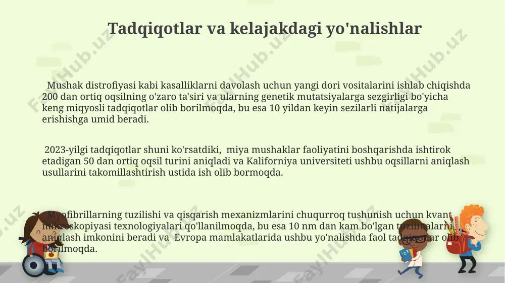 er ikkita z-chiziqlari orasida joylashgan va yupqa aktin va qalin miyozin filamentlaridan iborat bo'lib, ularning o'zaro ta'siri mushak qisqarishini ta'minlaydi. sarkomerning tuzilishi va funksiyasi mushaklarning turli xil turlarida, masalan, yurak mushagi va skelet mushaklarida, biroz farq qiladi, bu ularning faoliyatiga ta'sir qiladi. nerv-muskul sinapsining ahamiyati sinaptik yorig'ida 20-40 nanometr masofa mavjud bo'lib, bu neyrotransmitterlarning tezkor tarqalishini va mushak hujayralarining samarali stimulyatsiyasini ta'minlaydi. nerv-muskul sinapsida neyrotransmitterlar, masalan, atsetilxolin, mushak tolasi membranasidagi 2 million ga yaqin retseptorlar bilan bog'lanib, harakat potentsialini keltirib chiqaradi. myasteniya gravis kabi kasalliklar nerv-muskul sinapsining disfunktsiyasi bilan bog'liq bo'lib, bu yerda ach retseptorlari soni kamayadi va mushaklarning zaiflashuviga olib keladi. energiya manbalari va atpning ahamiyati mushak hujayralarida kreatin fosfat kabi zaxira energiya manbalari mavjud bo'lib, ular 10-15 soniya davomida yuqori intensivlikdagi faoliyat uchun atpni tez ta'minlaydi. bu qisqa muddatli energiya yetkazib beruvchi mexanizmdir. atp, mushak qisqarishining asosiy energiya manbai bo'lib, har bir qisqarish siklida taxminan 4-6 atp molekulasi …
