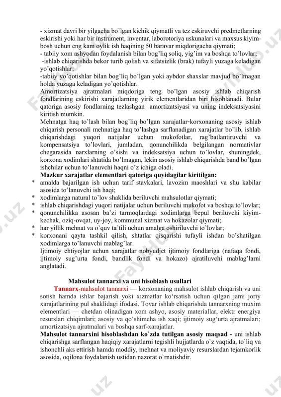 doriga teng bo’lgan asosiy ishlab chiqarish fondlarining eskirishi xarajatlarning yirik elementlaridan biri hisoblanadi. bular qatoriga asosiy fondlarning tezlashgan amortizatsiyasi va uning indeksatsiyasini kiritish mumkin. mehnatga haq to’lash bilan bog’liq bo’lgan xarajatlarkorxonaning asosiy ishlab chiqarish personali mehnatiga haq to’lashga sarflanadigan xarajatlar bo’lib, ishlab chiqarishdagi yuqori natijalar uchun mukofotlar, rag’batlantiruvchi va kompensatsiya to’lovlari, jumladan, qonunchilikda belgilangan normativlar chegarasida narxlarning o’sishi va indeksatsiya uchun to’lovlar, shuningdek, korxona xodimlari shtatida bo’lmagan, lekin asosiy ishlab chiqarishda band bo’lgan ishchilar uchun to’lanuvchi haqni o’z ichiga oladi. mazkur xarajatlar elementlari qatoriga quyidagilar kiritilgan: 1. amalda bajarilgan ish uchun tarif stavkalari, lavozim maoshlari va shu kabilar asosida to’lanuvchi ish haqi; 1. xodimlarga natural to’lov shaklida beriluvchi mahsulotlar qiymati; 1. ishlab chiqarishdagi yuqori natijalar uchun beriluvchi mukofot va boshqa to’lovlar; 1. qonunchilikka asosan ba’zi tarmoqlardagi xodimlarga bepul beriluvchi kiyim-kechak, oziq-ovqat, uy-joy, kommunal xizmat va hokazolar qiymati; 1. har yillik mehnat va o’quv ta’tili uchun amalga oshiriluvchi to’lovlar; 1. korxonani …