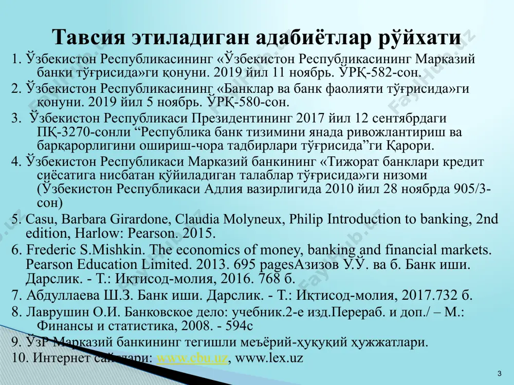 л етказиб берувчининг дебитор қарздорлигини инкассация қилиш. 4. мол етказиб берувчини кредит рискидан суғарталашнинг мавжудлиги. 9 кредитлашнинг факторинг шакли кредитлашнинг форфейтинг шаклида узатма тижорат векселлари, яъни тратталар тижорат банки томонидан, дисконт ставкаси бўйича, мол етказиб берувчидан регресс ҳуқуқисиз сотиб олинади. форфейтинг мол етказиб берувчини кредитлаш шакли ҳисобланади. форфейтинг кредитлари тижорат банкига дисконт ставкаси кўринишида даромад келтиради. ўзбекистон республикаси банк амалиётида кредитлашнинг форфейтинг шакли мавжуд эмас. бунинг асосий сабаби – тратталар муомаласининг мавжуд эмаслигидир. 10 кредитлашнинг форфейтинг шакли синдицияли кредит деганда икки ёки ундан ортиқ банк томонидан битта лойиҳани ёки объектни кредитлаш учун бериладиган кредитга айтилади. синдицияли кредитлашни амалга ошириш қуйидаги тартибда амалга оширилади: 1. синдицияли кредитлашнинг ташааббускори бўлган тижорат банки (у етакчи банк ҳисобланади) кредитланиши кўзда тутилаётган инвестицион лойиҳанинг техник-иқтисодий асосланганлигини ва кредит олувчи мижознинг тўловга қобиллигини баҳолашни амалга оширади. 11 синдицияли кредитлаш 2. синдицияли кредитлашда иштирок этиш истагини билдирган тижорат банклари бу ҳақда етакчи банкни ёзма равишда хабардор қилади. …