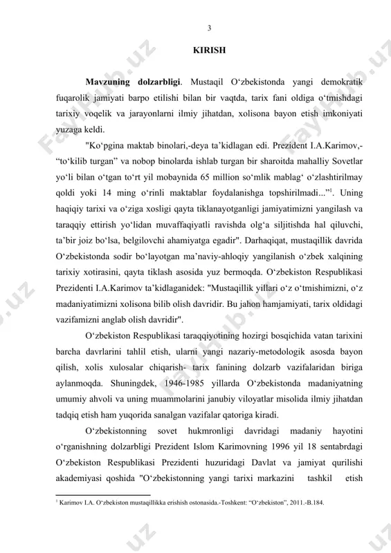 bi bo‘lib, bu mavzuning dolzarbligini belgilovchi asosiy omillardan biridir. muammoning o‘rganilganlik darajasi: tanlangan mavzuning tarixshunos-ligi tahlili shuni kursatadiki, madaniy soha jamiyat hayotining asosiy bo‘g‘ini sifatida ijtimoiy-gumanitar soha olimlarining doimiy diqqat markazida turgan va mazkur tarmoq muammolarini ilmiy jihatdan o‘rganish borasida bir qator samarali ishlar amalga oshirilgan. mavzuga doir chop etilgan ilmiy ishlar, monografiya, risola va matbuotda e’lon qilingan maqolalarning yo‘nalishi, uslubi va xarakteriga qarab bayon etish mumkin. sovet davriga oid asarlar, asosan, ma’muriy-buyruqbozlik tuzumi sharoitida marksistik metodologiyaga tayangan holda kommunistik partiya mafkurasini targ‘ib etganligi bilan xarakterlanadi. shubhasiz bu davr tadqiqotchilari uchun tarixiy jarayonlarni obyektiv jihatdan yoritish katta qiyinchilik tug‘dirgan. ammo, ularning asarlarida foydalanilgan boy materiallar va arxiv hujjatlaridagi ma’lumotlar zamonaviy ilmiy tadkiqotlar uchun qimmatli materiallarni beradi. o‘zbekiston madaniyati sohasidagi jarayonlarni va ularning tarixini ilmiy jihatdan o‘rganib tahlil etish ayniqsa, xx asrning 50-60 yillaridan boshlab birmuncha faollashdi. bu davrda t.m.qoriniyozov, m.qoraxonov, g.a.uvarov, g.alimbayeva, m.ahmedov, i.qodirov, x.n.po‘latov, s.muhammedov, r.shara-fuddinov, m.sultonova, f.karamatov, f.abdullayev, …