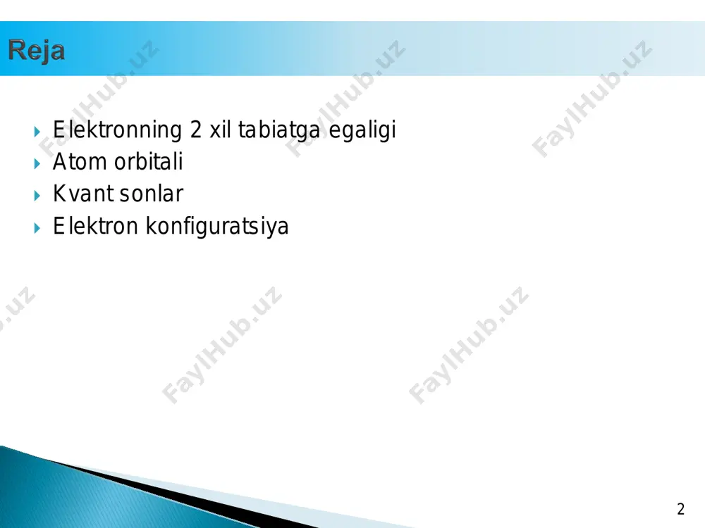 oqlashganda to’lqin funksiyasining o’zgarishini ko’rsatadi.  angular (burchak) to’lqin funksiya esa φ, θ burchaklar o’zgarishi bilan to’lqin funksiyaning o’zgarishini bildiradi. 8  shredinger tenglamasi to’liqroq yechilganda (eψ=hψ) har bir to’lqin funksiyani belgilash uchun 3 ta kvant soni kerakligi kelib chiqadi (chunki atom 3d).  umuman olganda elektronning atomdagi holati 4 ta kvant soni bilan xarakterlanadi:  bular:  bosh kvant soni – n  orbital kvant soni – l  magnit kvant soni – ml  spin kvant soni – ms umumiy energiya potensial energiya kinetik energiya gamiltonumumiy energiya 9  bosh kvant soni orbitalning o’lchami va energiyasini bildiradi.  uning qiymati 1, 2, 3, 4, 5, 6, 7, … bo’lishi mumkin.  ayni pog’onada joylashishi mumkin bo’lgan maksimal elektronlar soni 2n2 ga teng (k=2, l=8, m=18 ta va h.k.) 1 0  bosh kvant soniga qarab elektron qavat yoki pog’ona yadrodan qancha uzoqlikda joylashganini bilish mumkin.  bosh kvant …