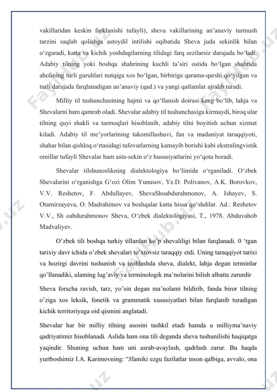 turkiy tillardan ko’p shevaliligi bilan farqlanadi. 0 ‘tgan tarixiy davr ichida o’zbek shevalari to’xtovsiz taraqqiy etdi. uning taraqqiyot tarixi va hozirgi davrini tushunish va izohlashda sheva, dialekt, lahja degan terminlar qo’llanadiki, ulaming lug’aviy va terminologik ma’nolarini bilish albatta zarurdir sheva forscha ravish, tarz, yo’sin degan ma’nolami bildirib, fanda biror tilning o’ziga xos leksik, fonetik va grammatik xususiyatlari bilan farqlanib turadigan kichik territoriyaga oid qismini anglatadi. shevalar har bir milliy tilning asosini tashkil etadi hamda u milliyma’naviy qadriyatimiz hisoblanadi. aslida ham ona tili deganda sheva tushunilishi haqiqatga yaqindir. shuning uchun ham uni asrab-avaylash, qadrlash zarur. bu haqda yurtboshimiz i.a. karimovning: “jfamiki ezgu fazilatlar inson qalbiga, avvalo, ona allasi, ona tilining betnkror jozibasi bilan singadi. ona tili - bu millatning ruhidir”1 - degan so ‘zlarini eslash o’rinlidir. 0 ‘zbeklar hozirgi 0 ‘zbekiston respublikasi, markaziy osiyo mamlakatlarida, afg’oniston, turkiya, saudiya arabistoni, avstraliya, xitoy uyg’uristonida va boshqa mamlakatlarda istiqomat qiladilar. albatta, ularing tili o’zbek …
